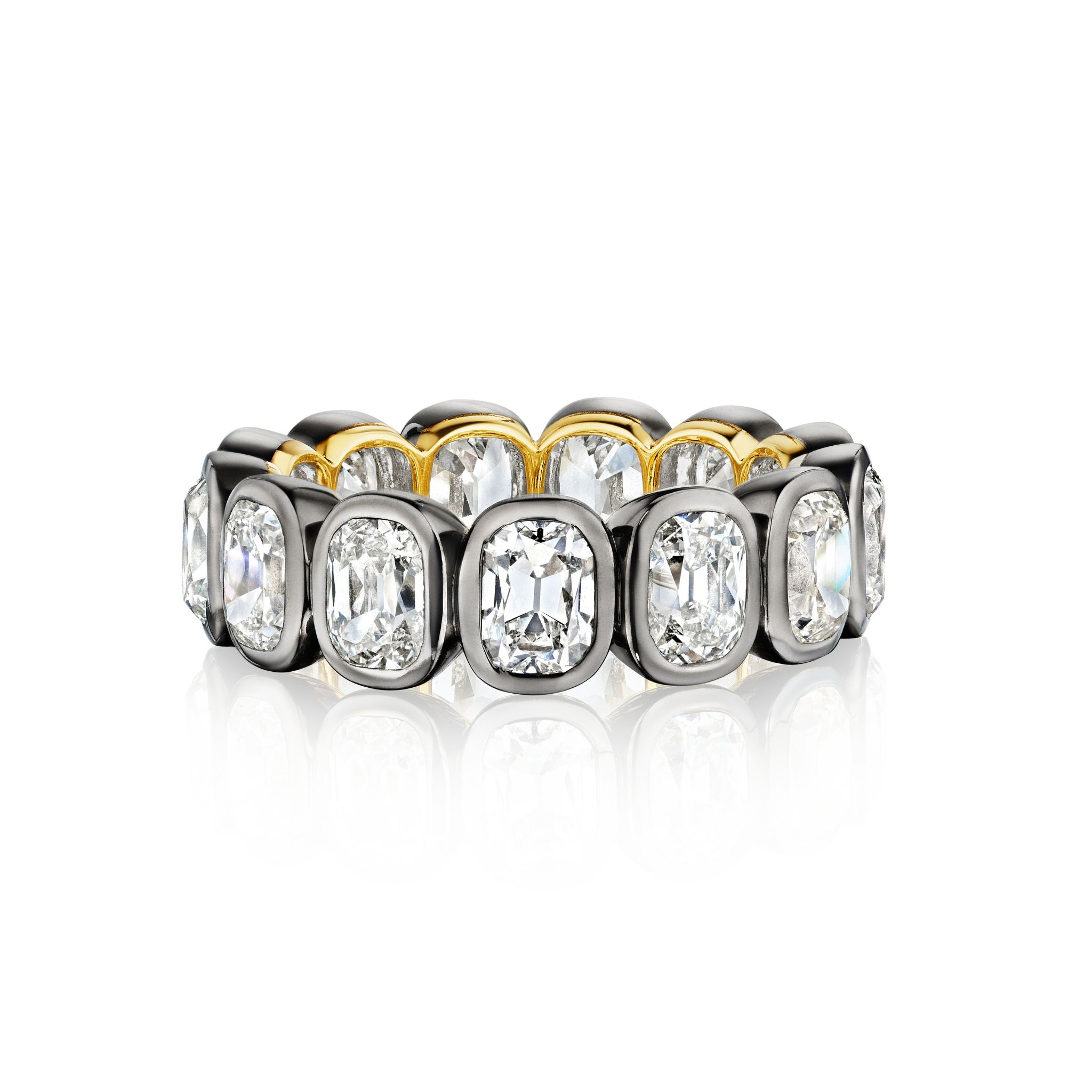 A striking Bezel Set Cushion Cut Diamond Eternity Band in Black Rhodium, featuring large cushion-cut diamonds set in a continuous row.
