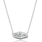 The Bezel Set East-West Lozenge Diamond Pendant Necklace in White Gold features a unique geometric lozenge diamond set in white gold, offering a modern twist on the classic pendant look.