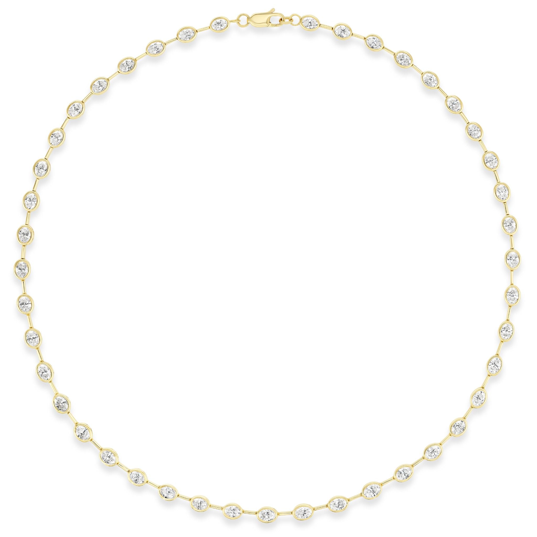 The Bezel Set Oval Diamond Necklace in Yellow Gold features evenly spaced oval diamonds, each set in a bezel of 18k yellow gold, arranged in a circle against a white background.