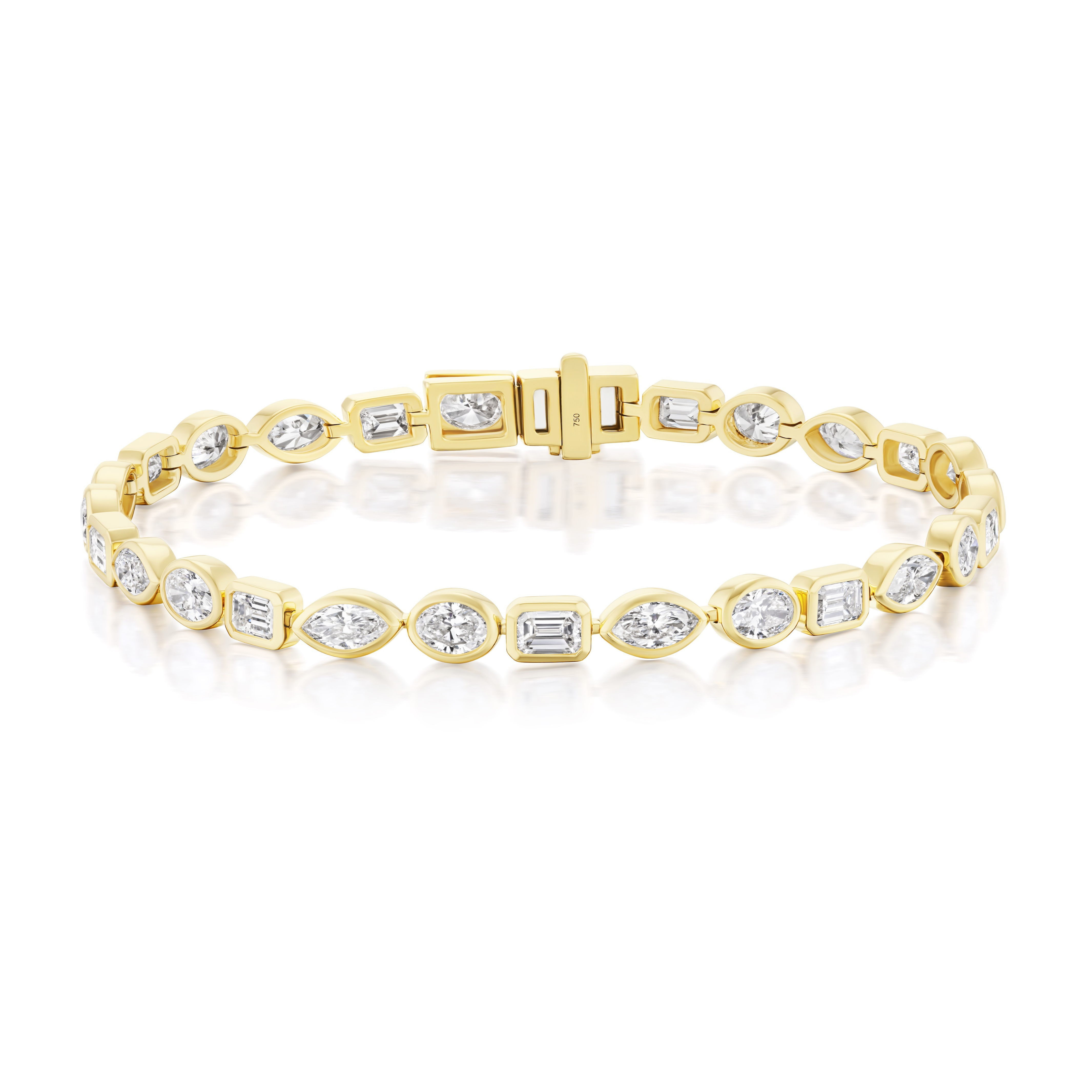 The East-West Bezel Set Mixed Shape Diamond Tennis Bracelet in Yellow Gold features round, oval, emerald, and pear diamonds in 18k gold bezels with a secure box clasp closure.