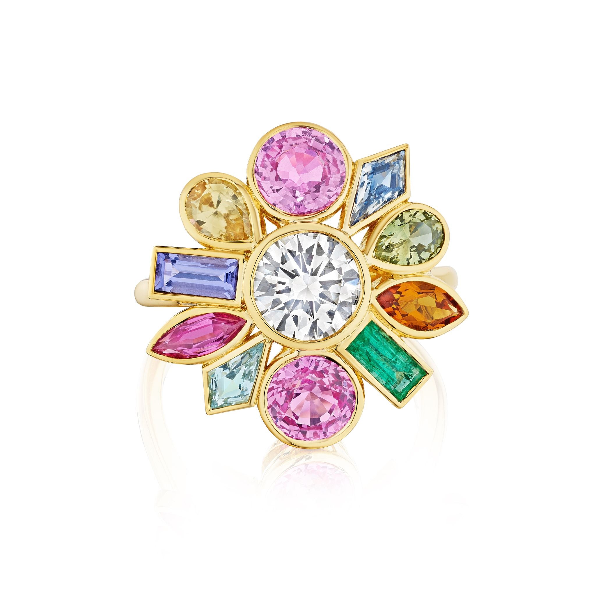 The Bezel Set Bespoke Round Brilliant Diamond and Sapphire Multi Color Ring in Yellow Gold features a large round center diamond accented by sapphires in pink, green, blue, yellow, and orange, arranged in a vibrant floral design.