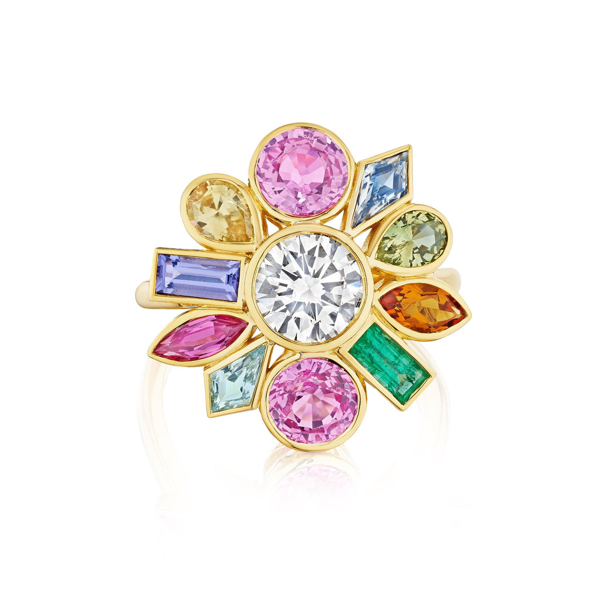Bezel Set Bespoke Round Brilliant Diamond and Sapphire Multi Color Ring in Yellow Gold