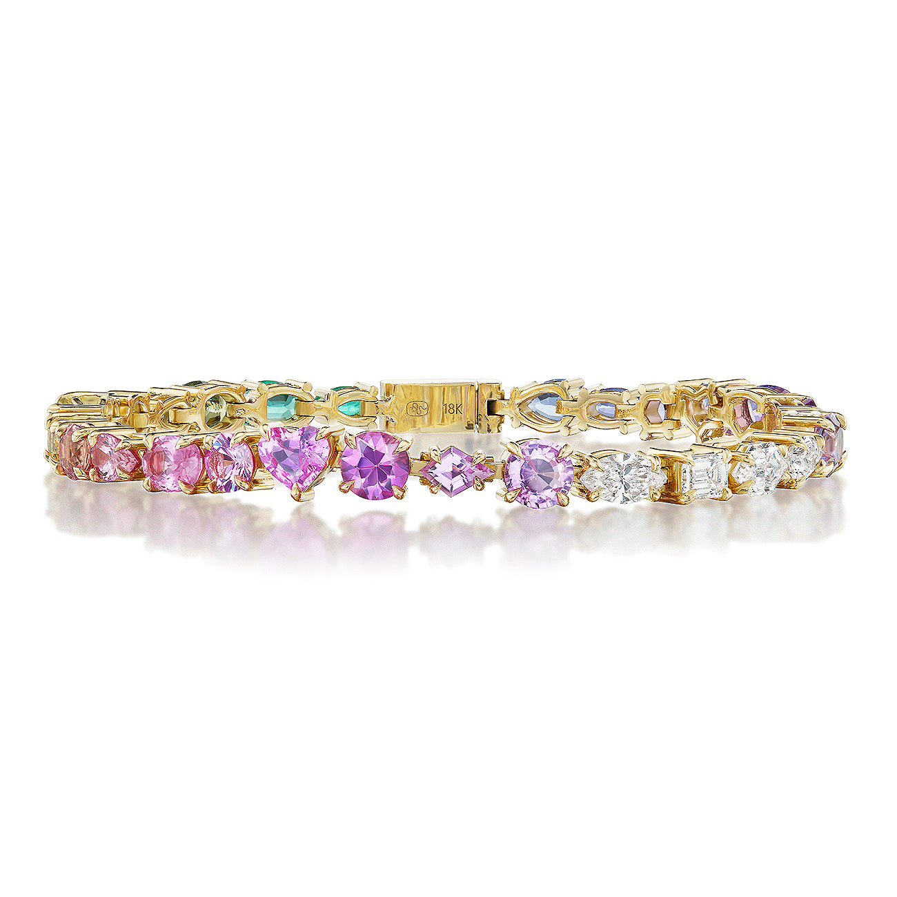 The Mixed Shape Diamond and Multicolor Sapphire Tennis Bracelet features multicolored sapphires and diamonds in various shapes and sizes, arranged in a repeating pattern on a gold bracelet.
