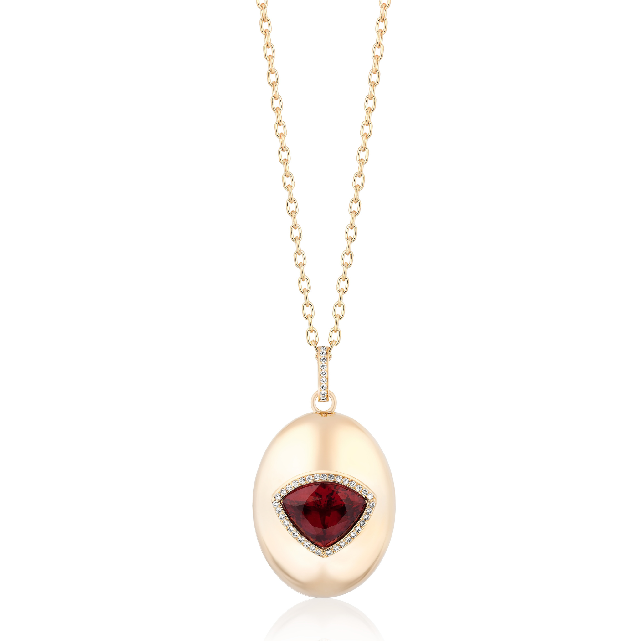 The Burnish Set Pavé Trillion Cut Ruby Charm Pendant in Yellow Gold is a gold chain necklace featuring an oval 18K yellow gold pendant with a trillion cut ruby center, bordered by pavé-set clear stones.