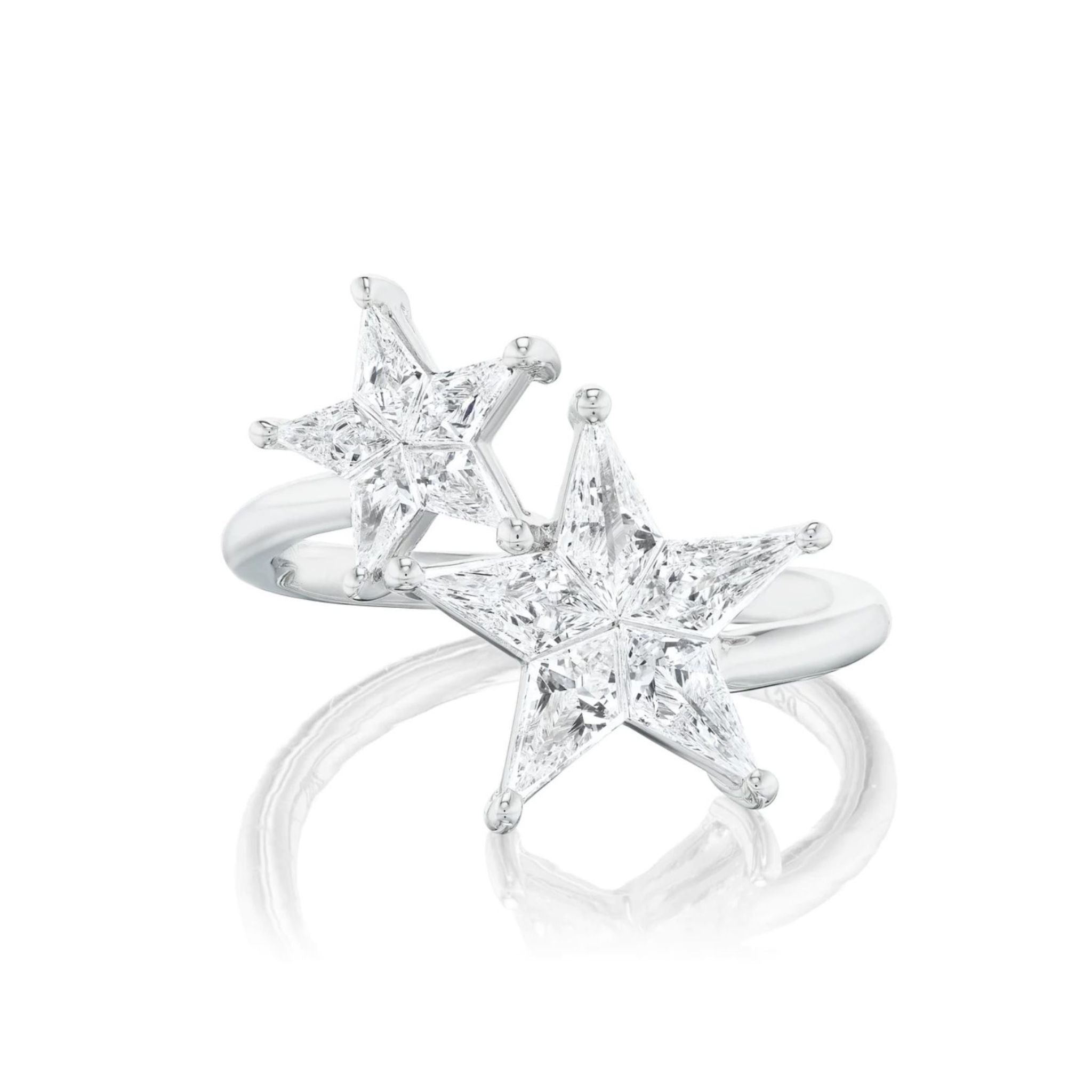 The Celestial Shooting Stars Wraparound Ring with Kite Diamonds in silver, featuring two kite diamond star-shaped settings on an open band, is displayed against a plain white background.