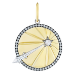The America250 Pavé Star Medallion Pendant in Yellow Gold features a sunburst design with diamond accents, a silver arrow with a diamond tip, and a central star with a white stone. Handcrafted in New York and finished with a gold bail.