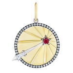 The America250 Pavé Star Medallion Pendant in Yellow Gold features a sunburst design edged with diamonds, accented by a silver arrow with a diamond tip pointing to a red gemstone star, showcasing expert New York craftsmanship and celebrating America250 pride.