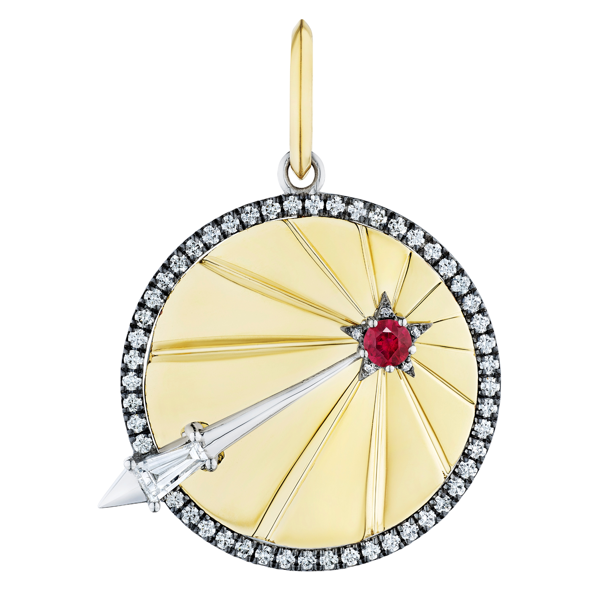 The America250 Pavé Star Medallion Pendant in Yellow Gold features a sunburst design edged with diamonds, accented by a silver arrow with a diamond tip pointing to a red gemstone star, showcasing expert New York craftsmanship and celebrating America250 pride.