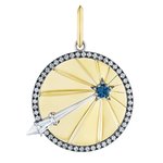The America250 Pavé Star Medallion Pendant in Yellow Gold features a round pendant with radiating engraved lines, a border of pavé stones, and a blue gemstone star accented by a silver comet—handcrafted New York jewelry.