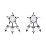 The America250 Baguette Diamond Ear Jackets in Black Rhodium feature a star design with a central white pearl, surrounded by diamonds and three dangling rectangular crystals, all handcrafted in New York City.