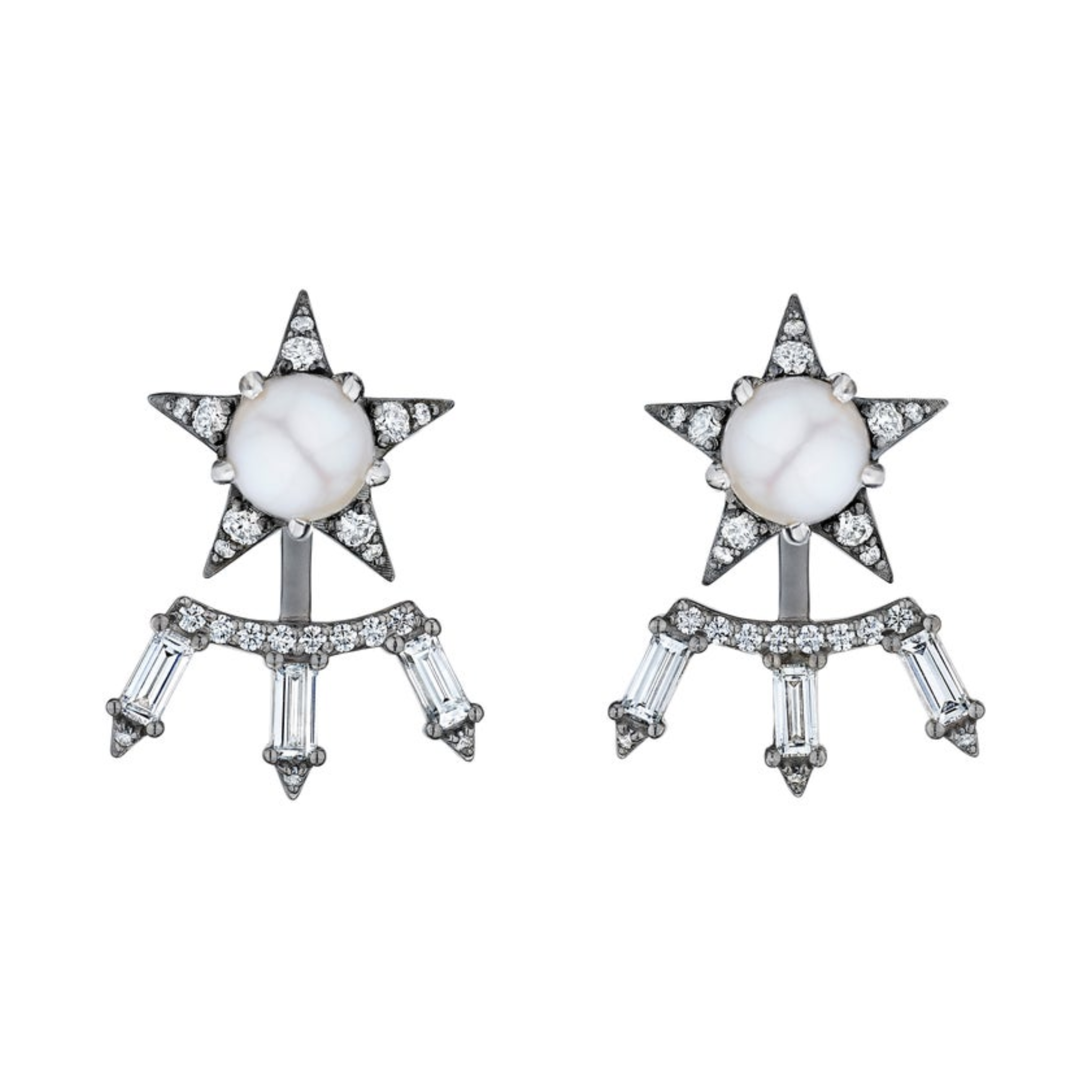 The America250 Baguette Diamond Ear Jackets in Black Rhodium feature a star design with a central white pearl, surrounded by diamonds and three dangling rectangular crystals, all handcrafted in New York City.