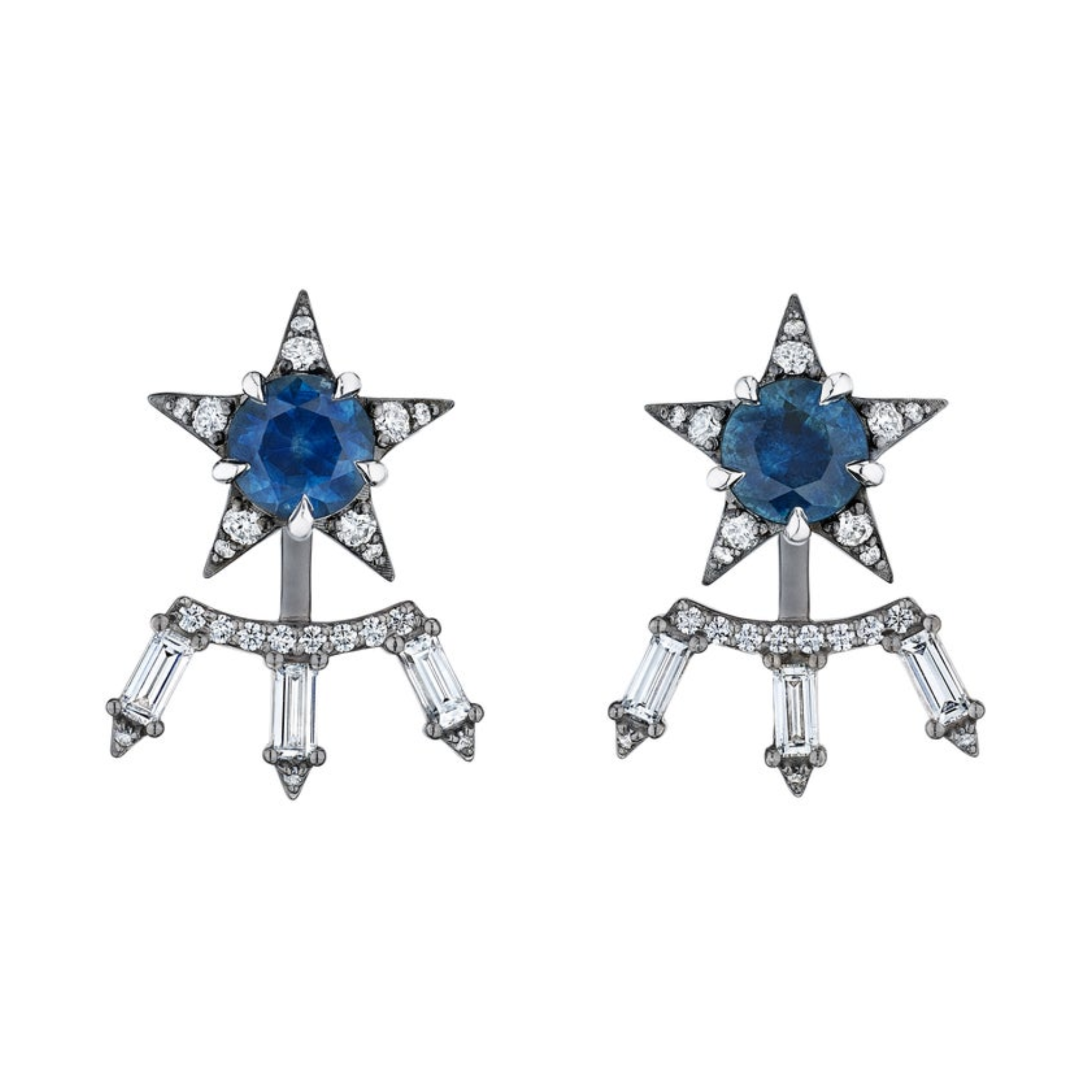 The America250 Baguette Diamond Ear Jackets in Black Rhodium feature star-shaped studs with blue gemstone centers, clear accents, and three dangling bars with baguette stones, all handcrafted in New York City.