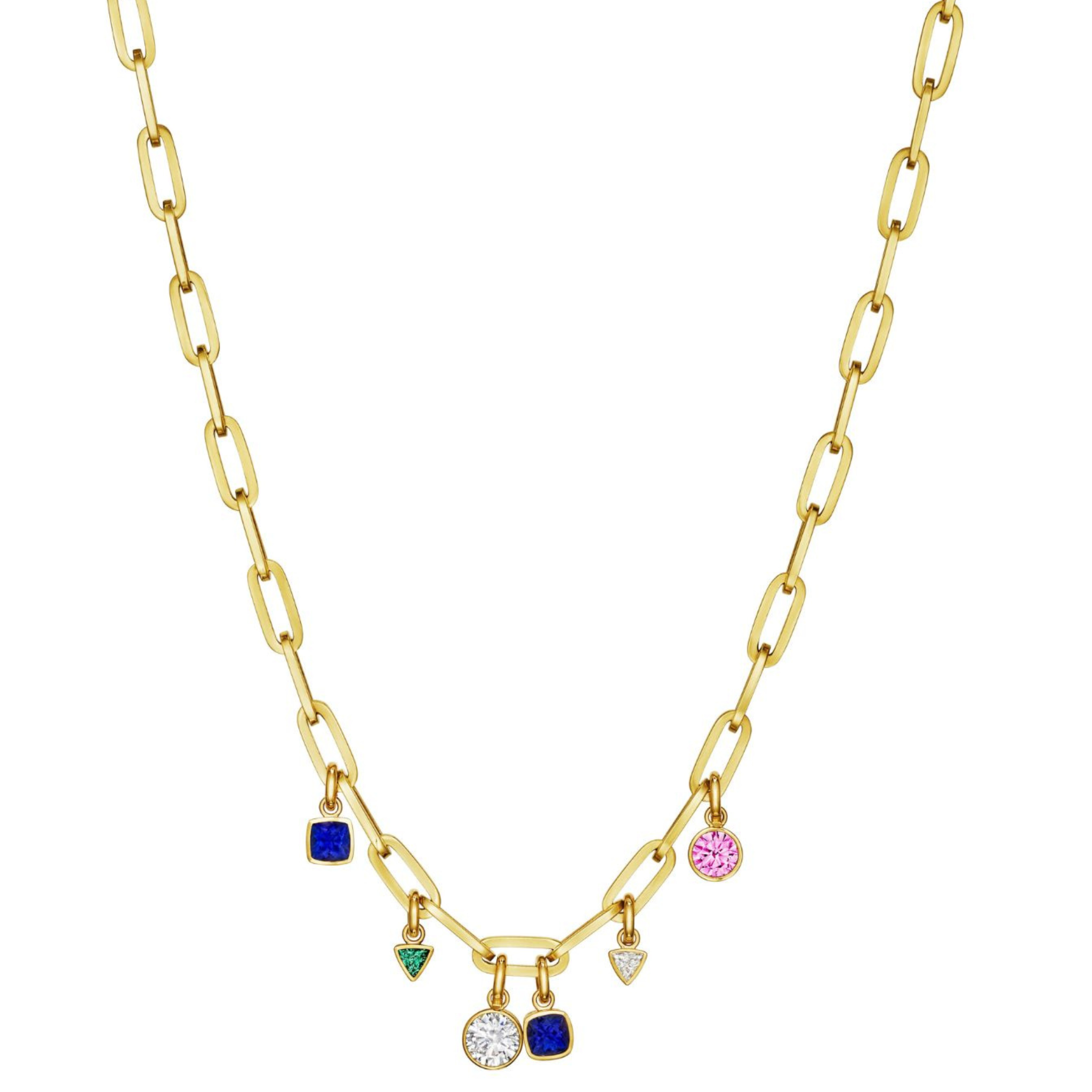 A Chain Necklace in Yellow Gold features bezel-set sapphires, diamonds, and emeralds in mixed shapes including square, round, and triangle charms.