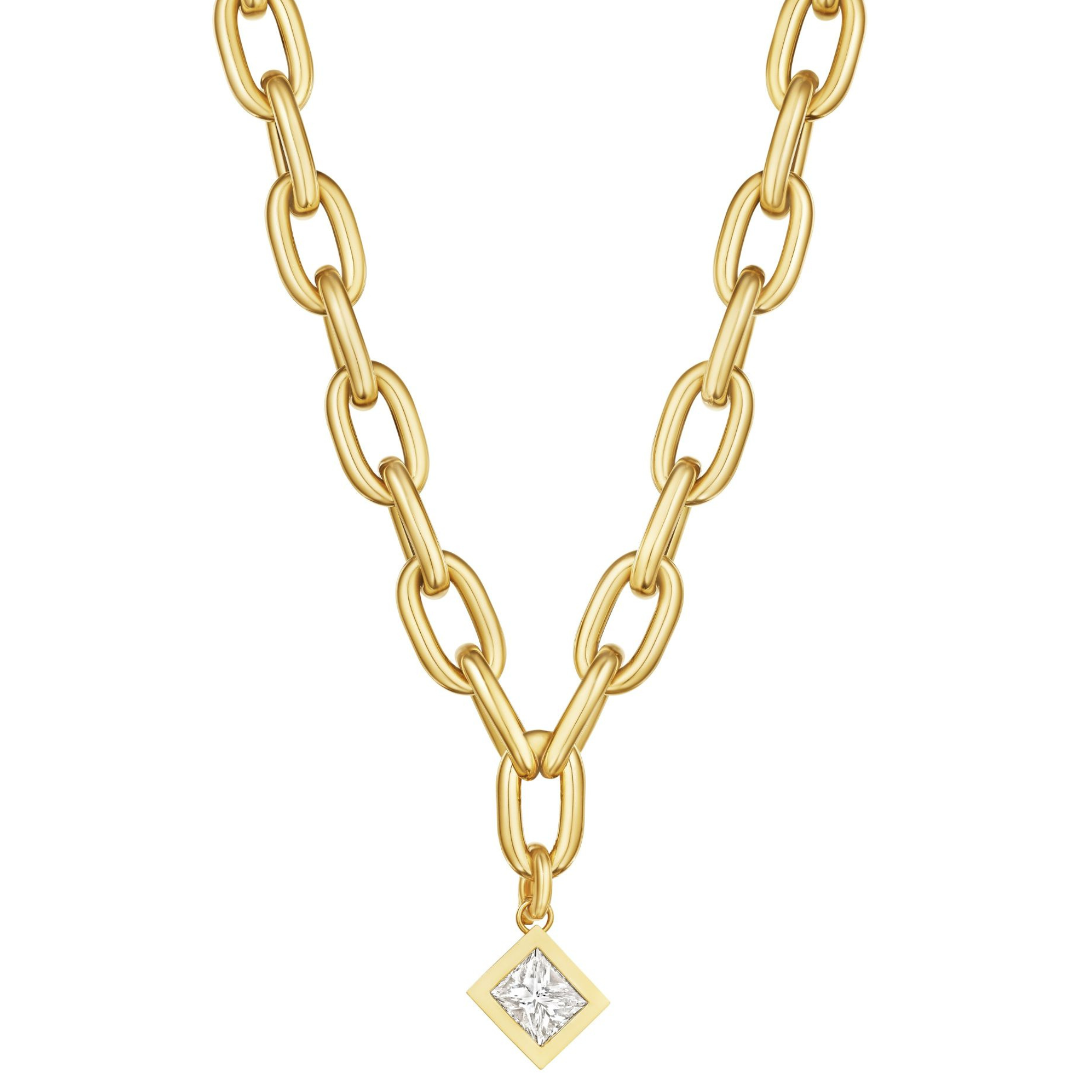 The Chain Necklace with Diagonal Bezel Set Elongated Square Diamond Charm in Yellow Gold features large oval links and a square pendant for an elegant, modern diamond jewelry look.