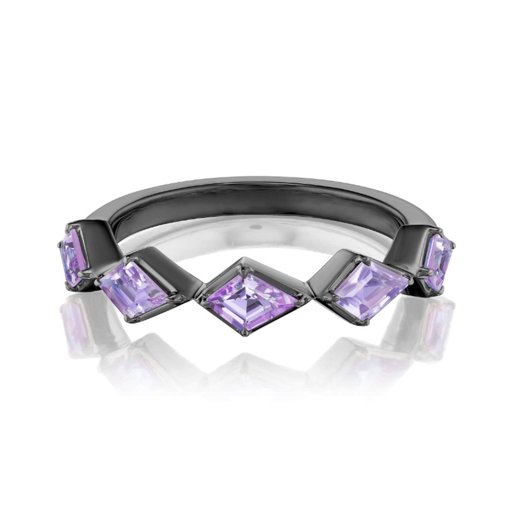 The Chasing Kites Purple Sapphire Half Eternity Band in Rhodium features five kite-shaped purple sapphires in a zigzag bezel set design on a modern black rhodium gold band, shown against a white background.