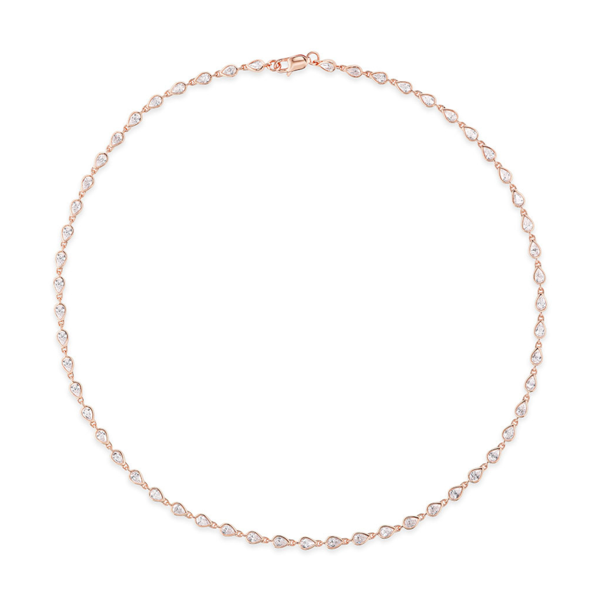 The Chasing Pears Diamond Garland Necklace showcases alternating small pear-shaped diamonds set in a slim 18K rose gold chain, elegantly arranged in a circular design on a white background.