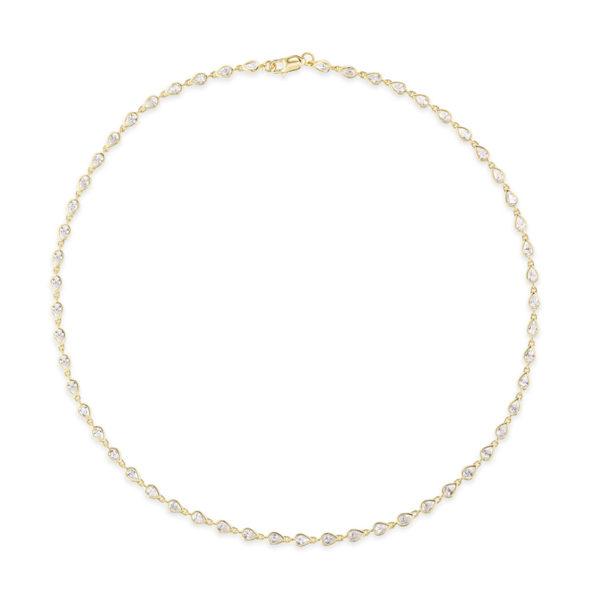 The Chasing Pears Diamond Garland Necklace is crafted in 18K gold with teardrop-shaped diamonds set in small bezels, spaced evenly along a continuous loop and secured with a simple clasp.