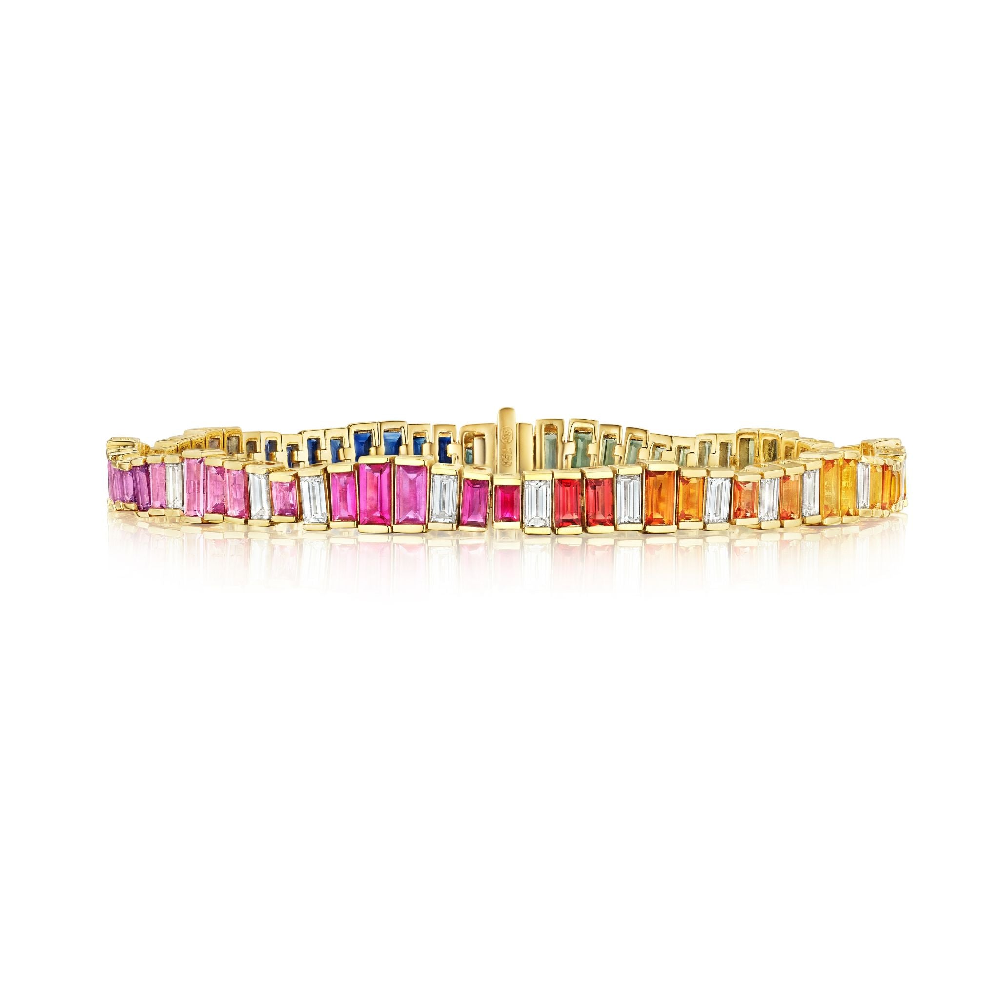 The Chroma Gradient Sapphire and Diamond Baguette Rainbow Tennis Bracelet in yellow gold features vibrant, symmetrically arranged sapphires in pink, red, blue, green, yellow, and orange for a stunning gradient effect.