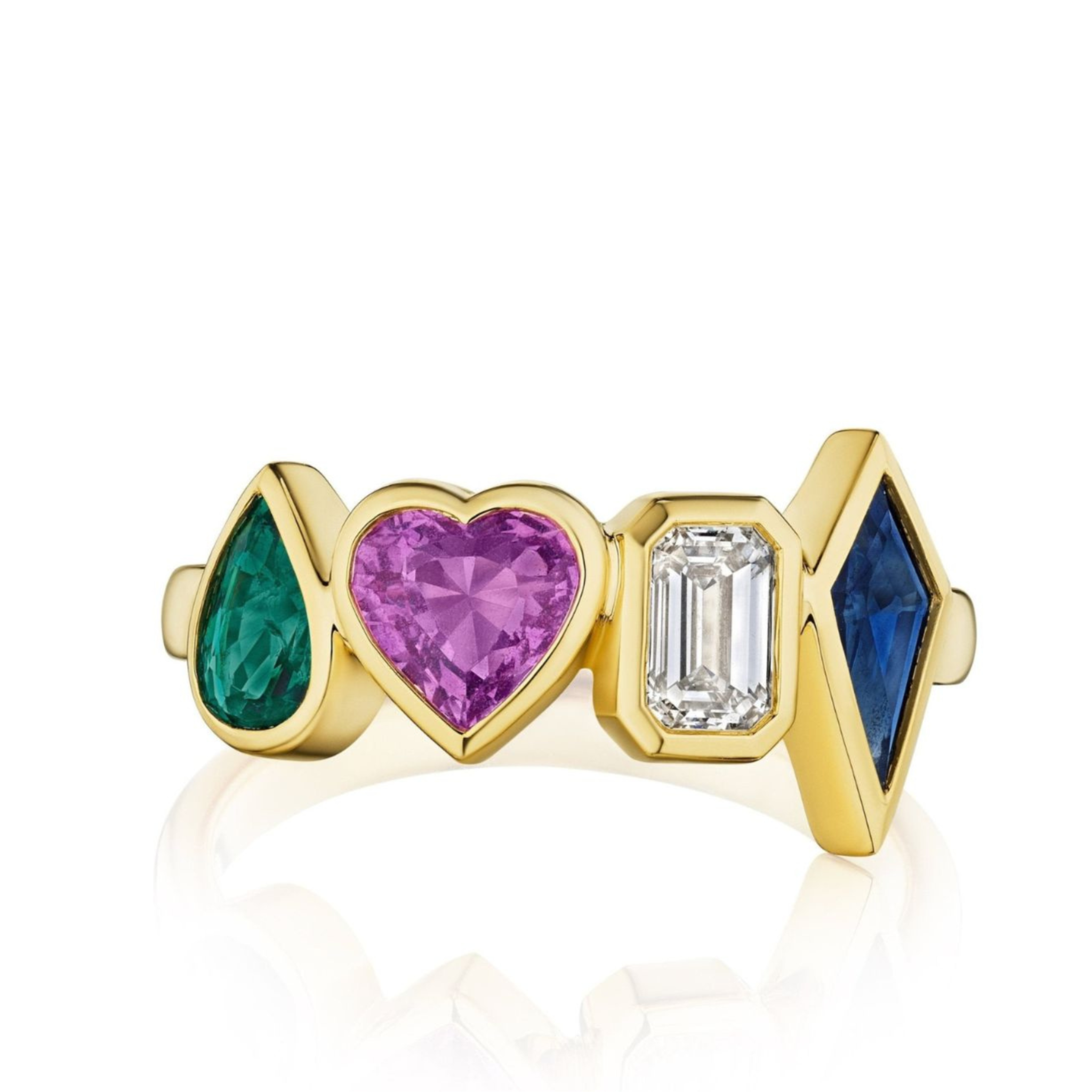 The Chroma Heart Beats Bezel Set Cluster Ring in yellow gold features mixed-shaped emerald, diamond, and sapphire gemstones in a unique cluster design.