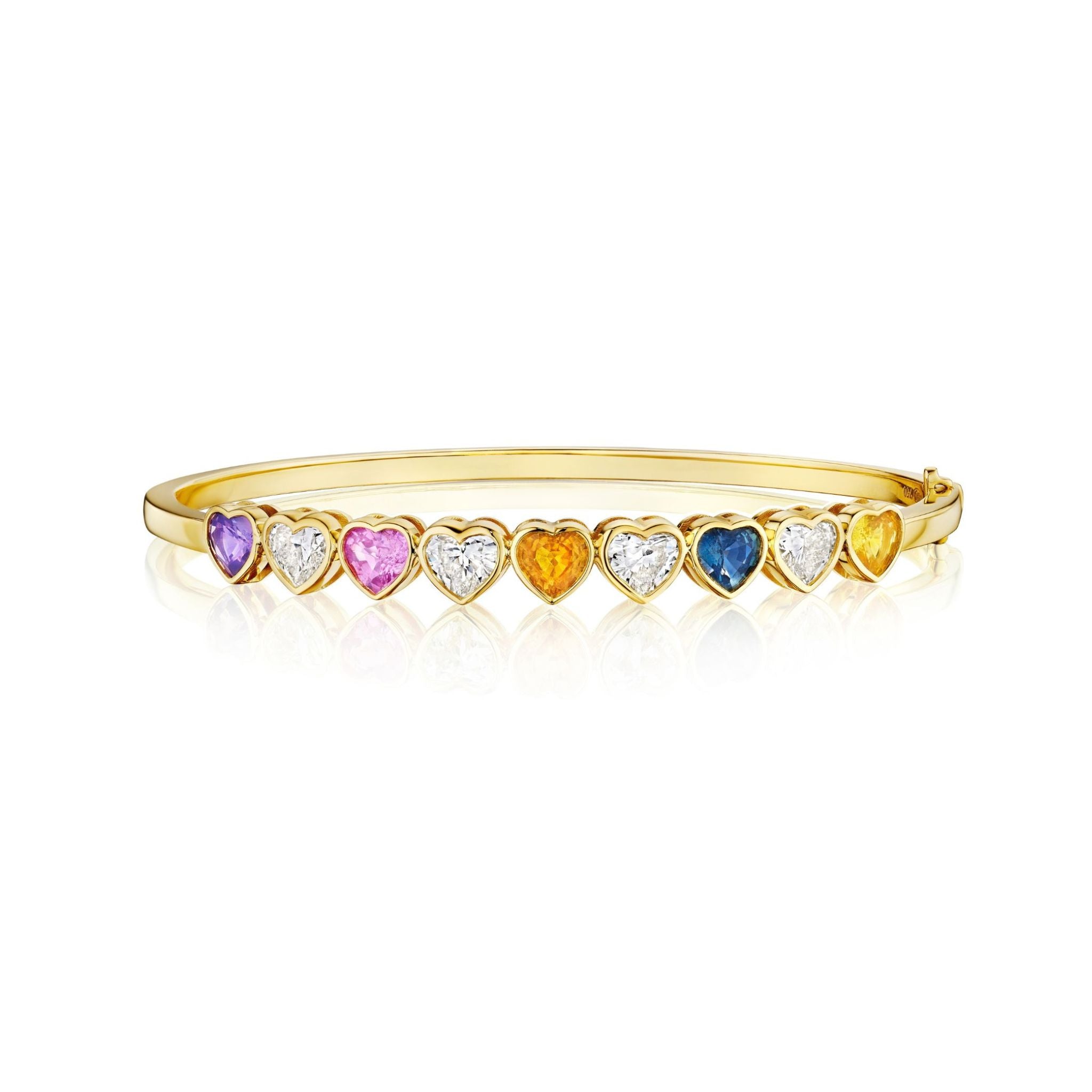 The Chroma Heart Beats Bezel Set Heart Shape Sapphire and Diamond Bangle in Yellow Gold features a row of vibrant heart-shaped sapphires and diamonds—an eye-catching 18k yellow gold addition to your jewelry collection.