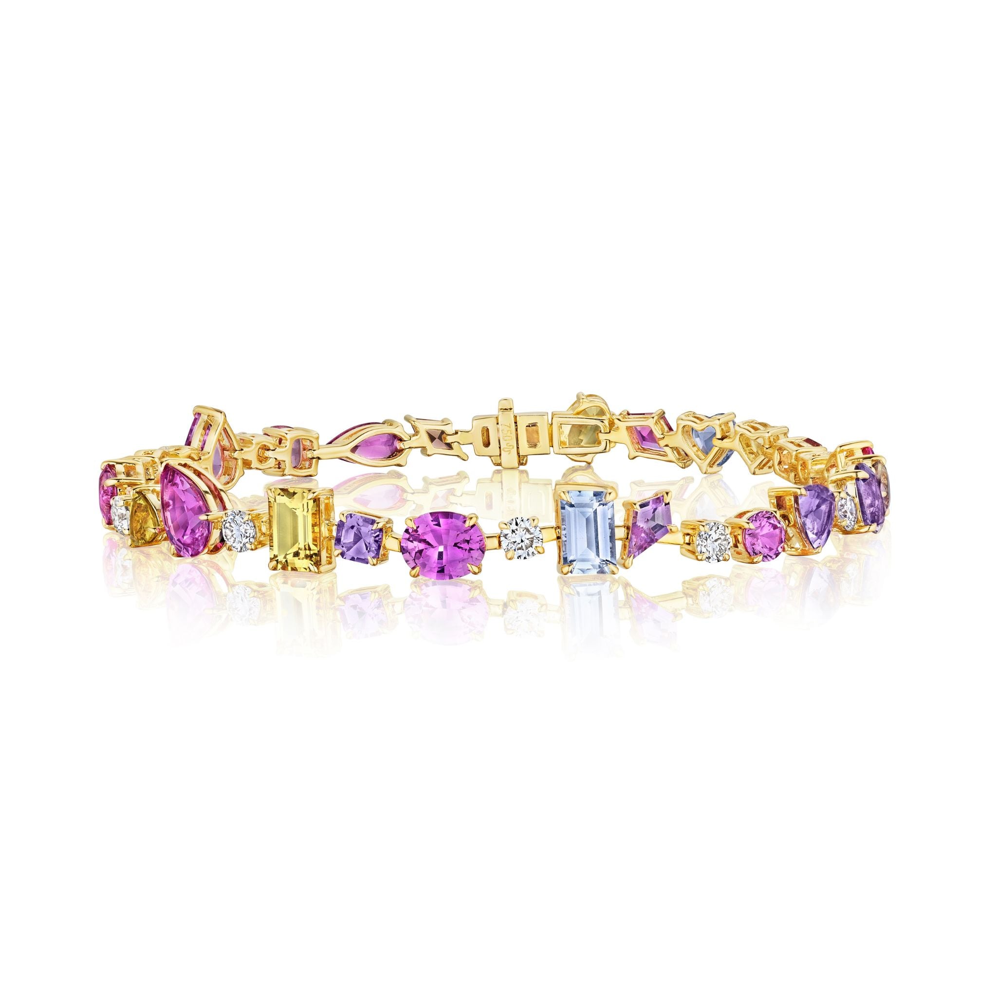 The Chroma Kaleidoscope Mixed Shape Sapphire Tennis Bracelet in yellow gold features vibrant pink, purple, yellow, and blue sapphires in various shapes from the Serpentine Chroma Collection, shown on a white background.