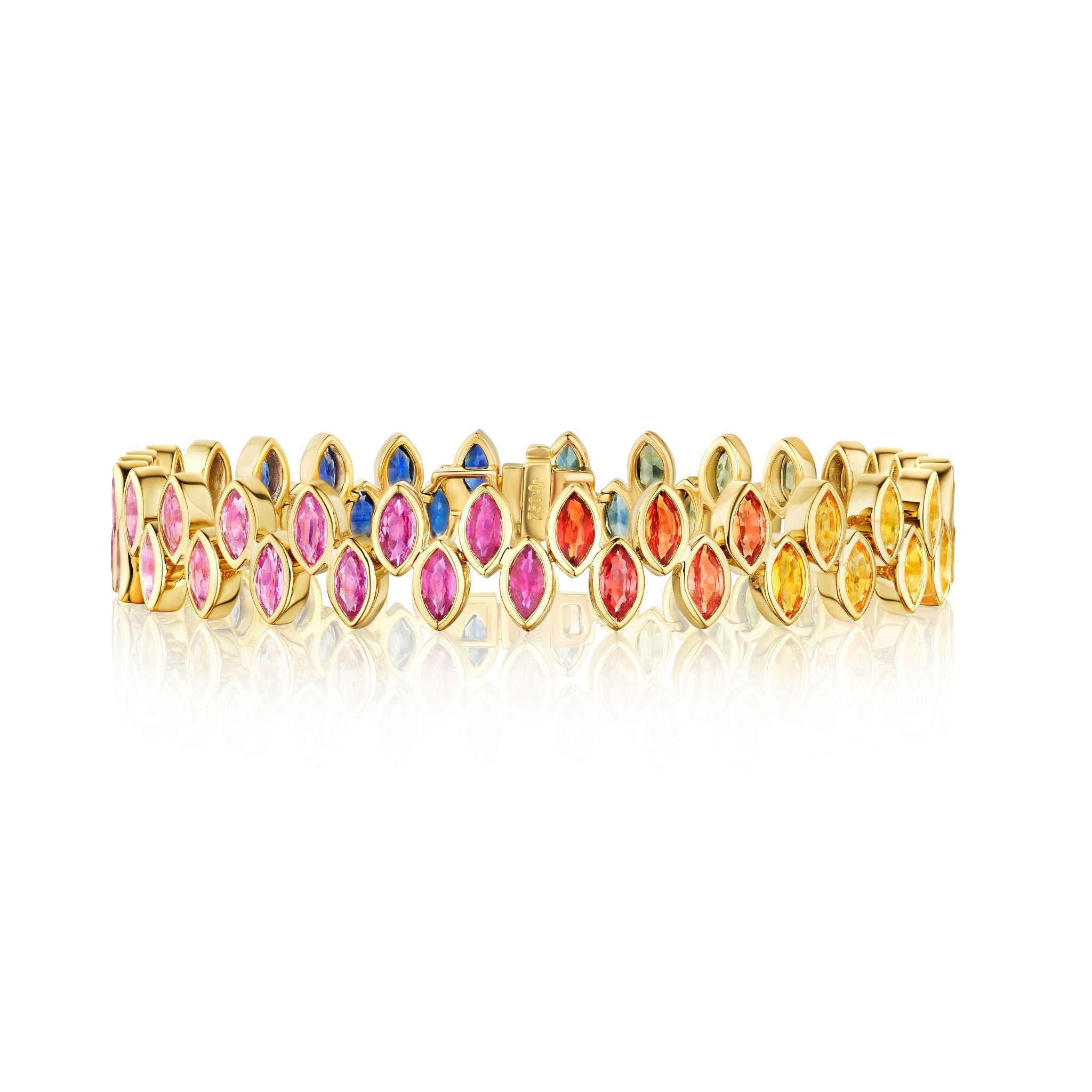 The Chroma Marching Alternating Bezel Set Marquise Sapphire Tennis Bracelet in Yellow Gold showcases a vibrant row of marquise sapphires in pink, blue, yellow, and orange bezels. Displayed on white.