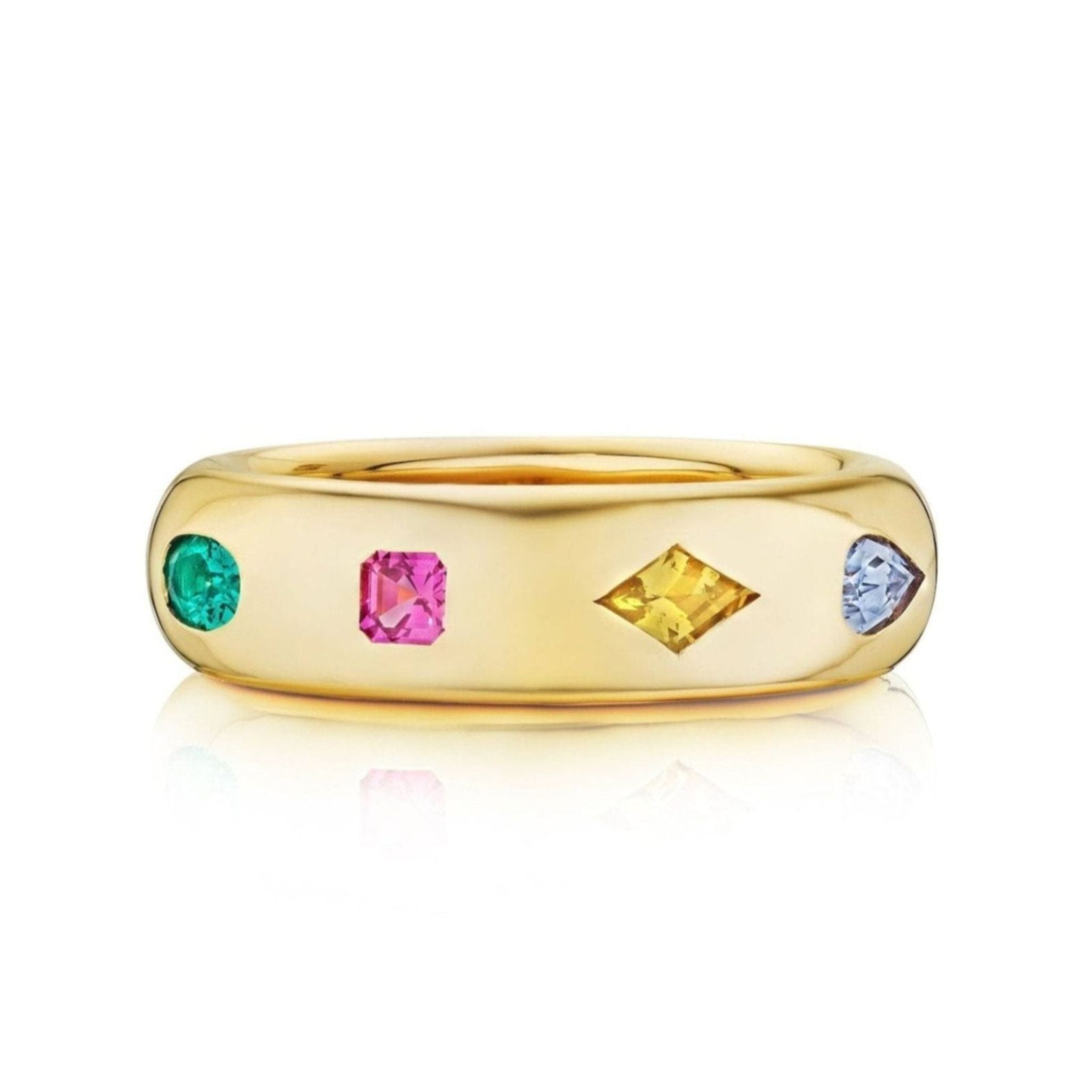 A fine jewelry piece, the Chroma Stackable Dome Ring in yellow gold features burnish set sapphires and emeralds in mixed shapes, elegantly spaced around the band.
