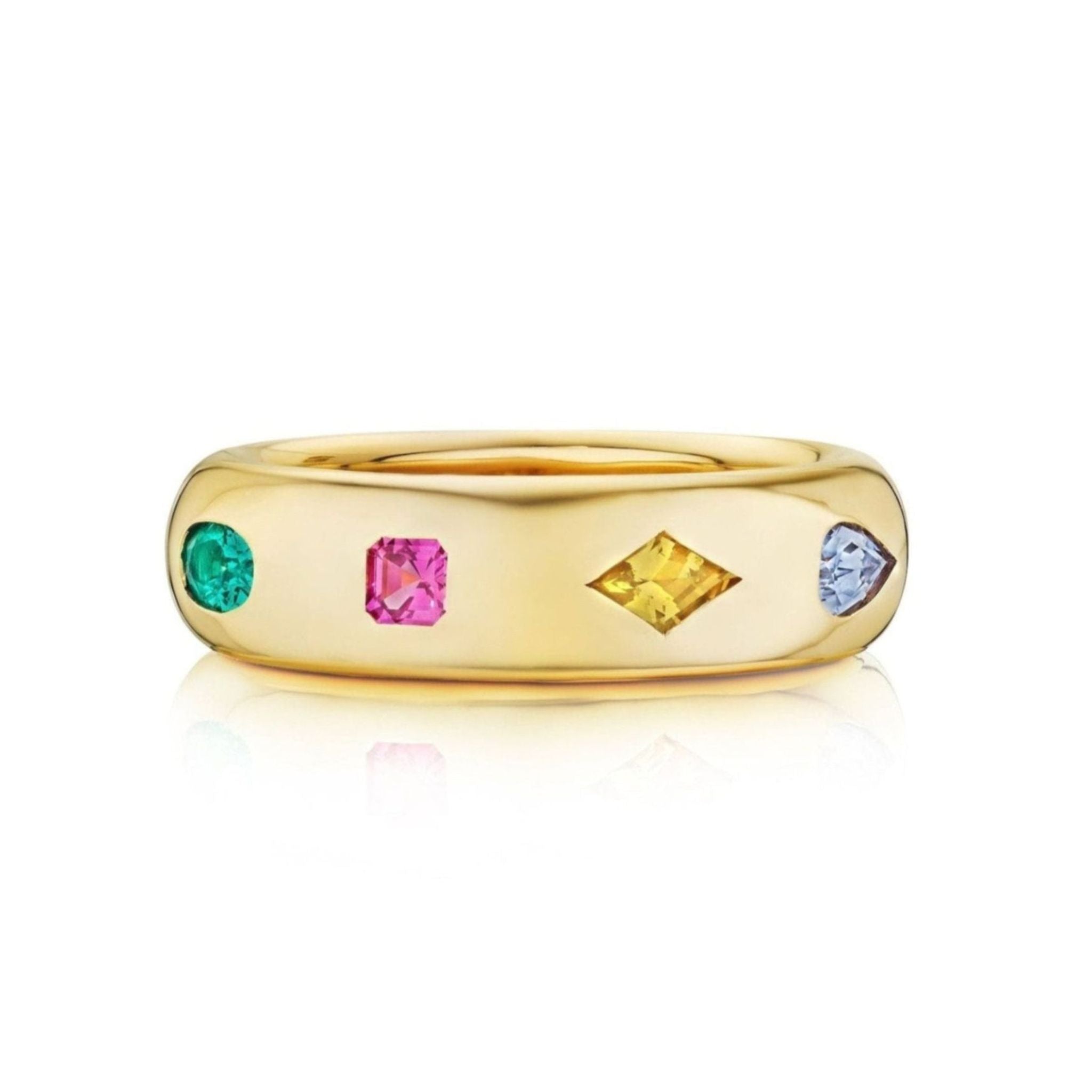 The Chroma Stackable Dome Ring in 18K yellow gold features burnish-set sapphires and emeralds in mixed shapes—round green, square pink, marquise yellow, and round light blue stones.