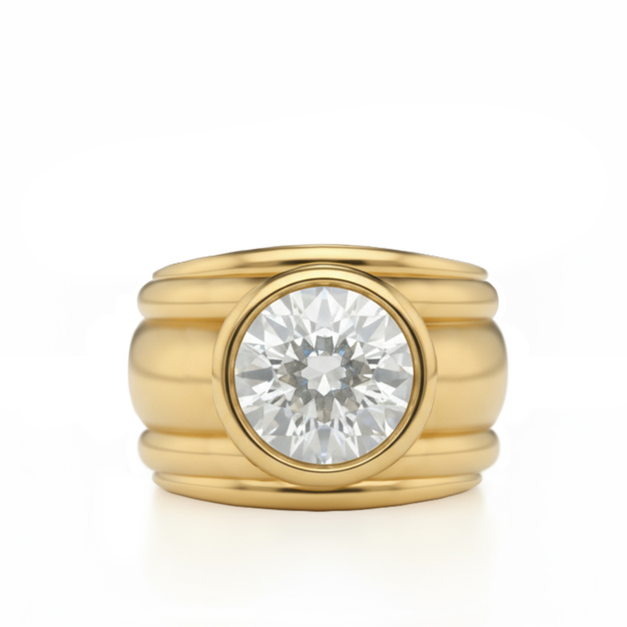 The Chunky Bezel Set Round Diamond Engagement Ring in Yellow Gold features a bold, modern design with a smooth, rounded band and a large round-cut diamond. Its polished finish enhances the brilliance of this stunning engagement ring.