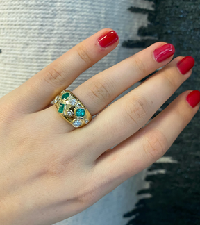 Bespoke Bezel Set Cigar Band in Yellow Gold with Mixed Shape Diamonds and Emeralds