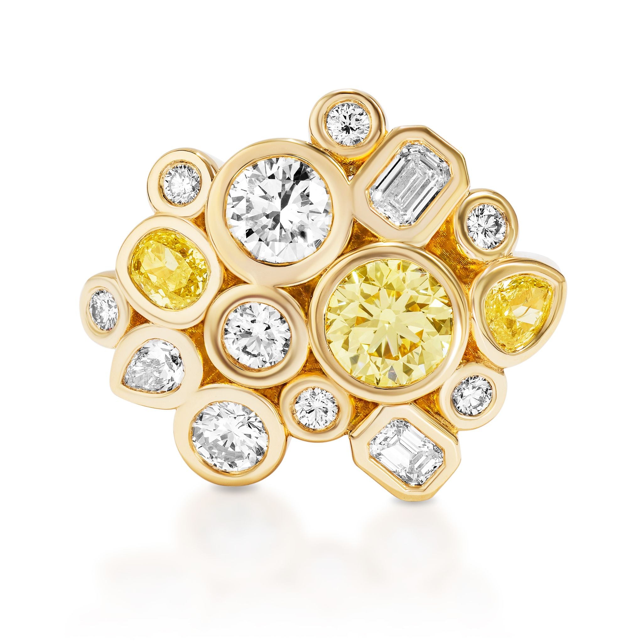 The Cluster Ring Bezel Set features mixed shape white and fancy yellow diamonds in round and rectangular cuts, all set in bezel settings for a vibrant, modern look.