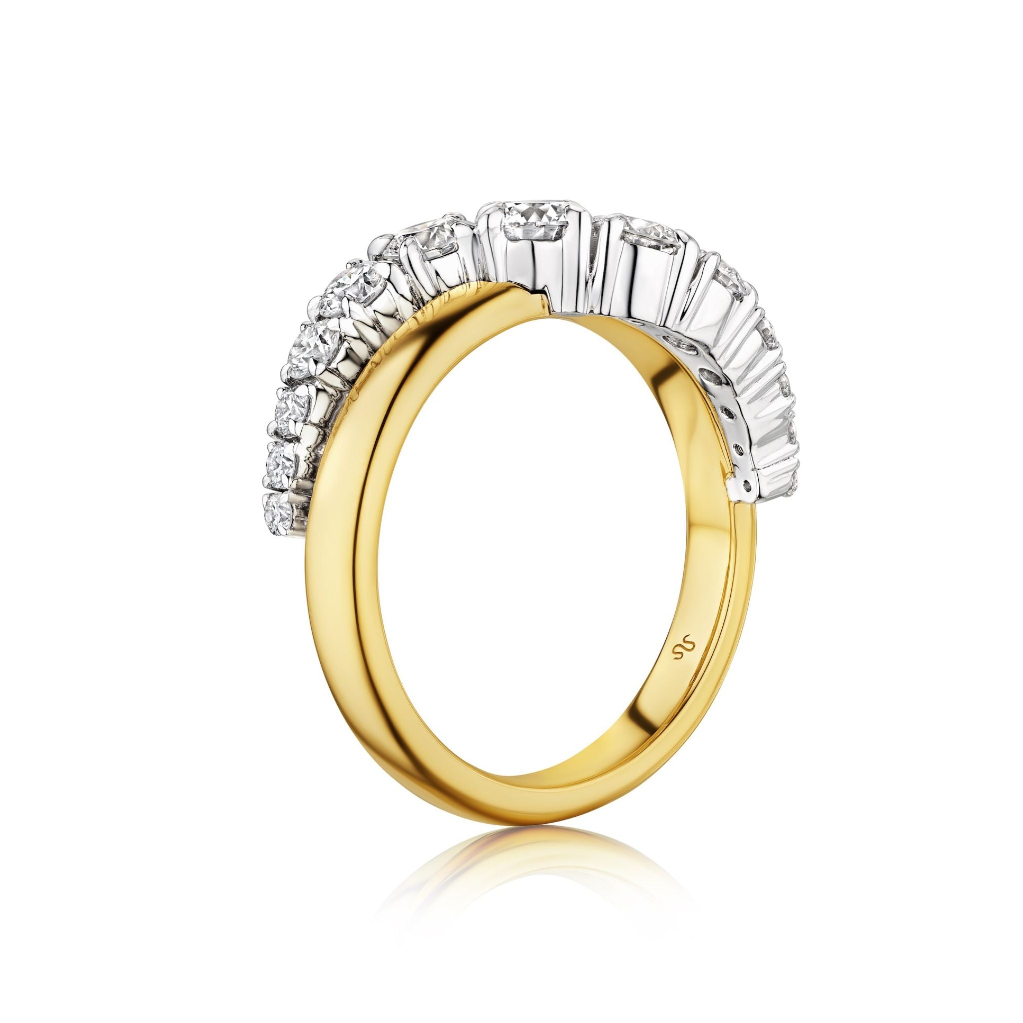 The Coil Graduated Round Diamond Wave Band in Yellow Gold features natural diamonds of varying sizes set in white metal on an 18k gold band, with an “S/S” engraving inside. Displayed against a white background.