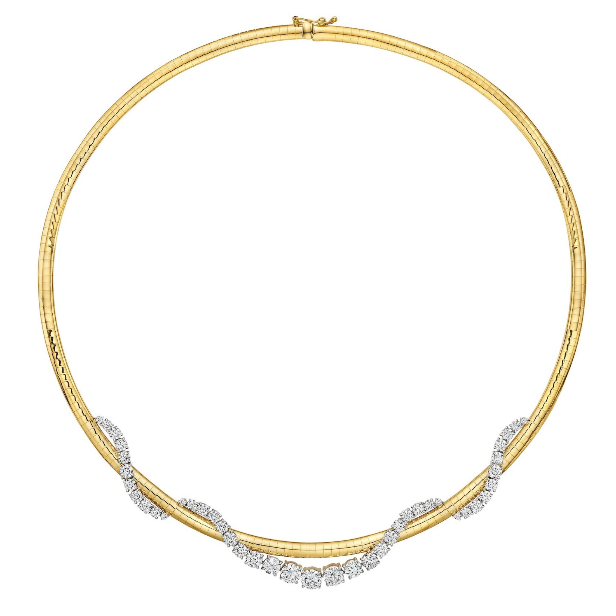 The Coil Graduated Round Diamond and Omega Chain Necklace in yellow gold and platinum features a wave-like design with clusters of sparkling diamonds—an elegant choice for timeless sophistication.