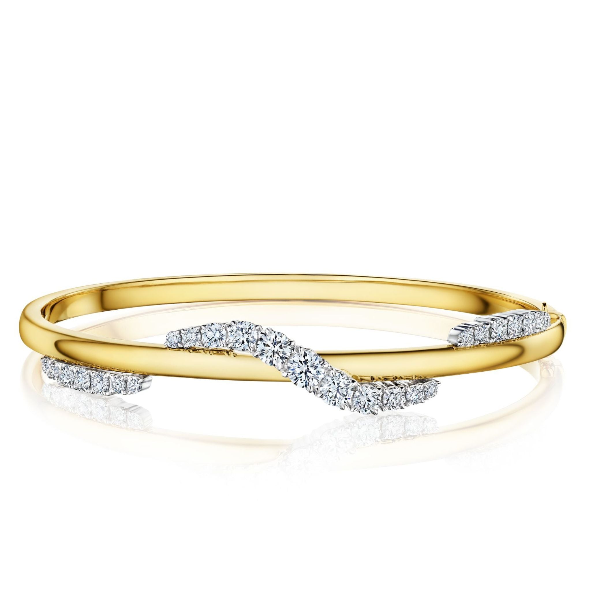 The Coil Wave Diamond Bangle in yellow gold and platinum features a twisted design with sparkling white diamonds, shown on a white background.