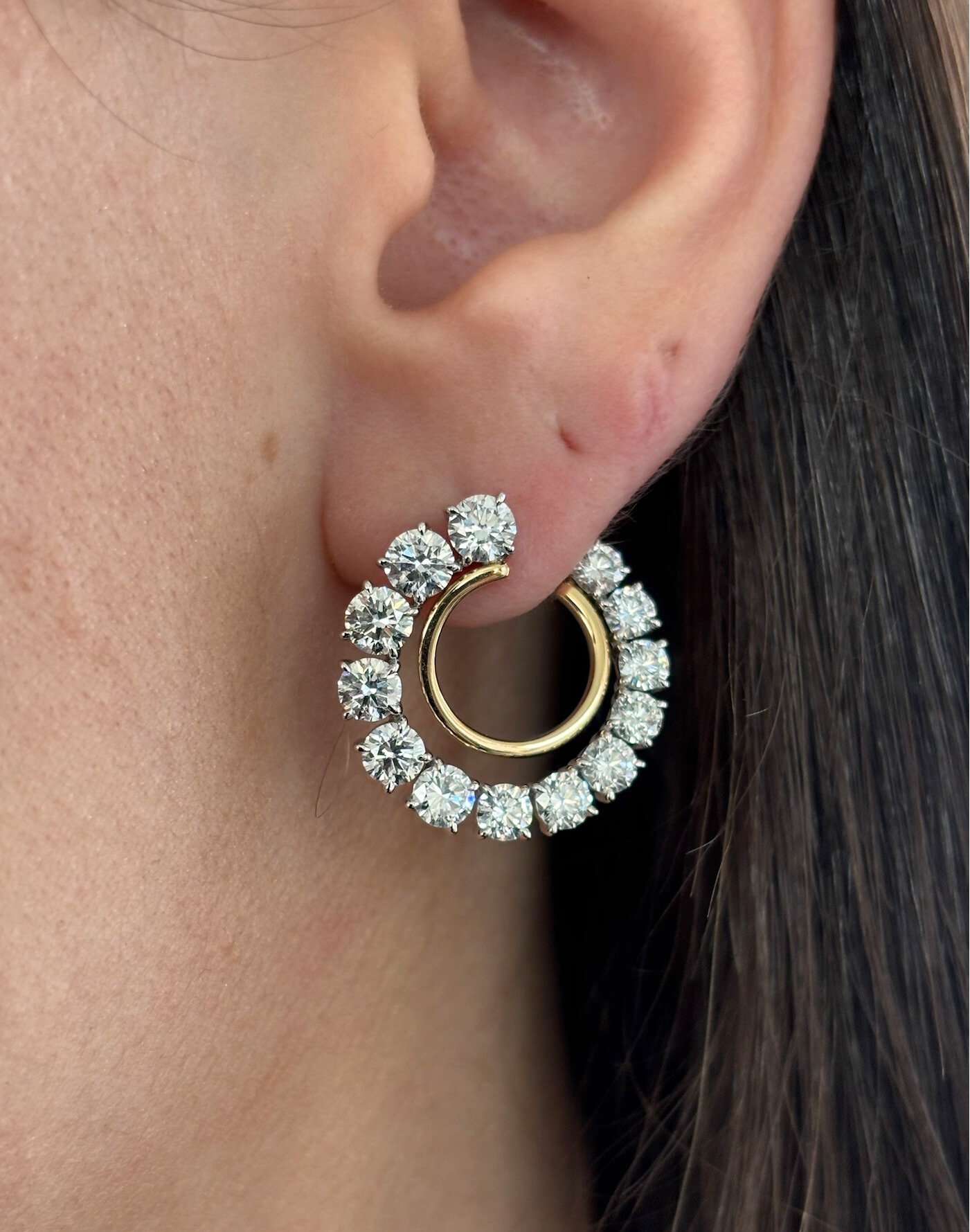 Coil Round Diamond Front-to-Back Hoop Earrings in Yellow Gold and Platinum