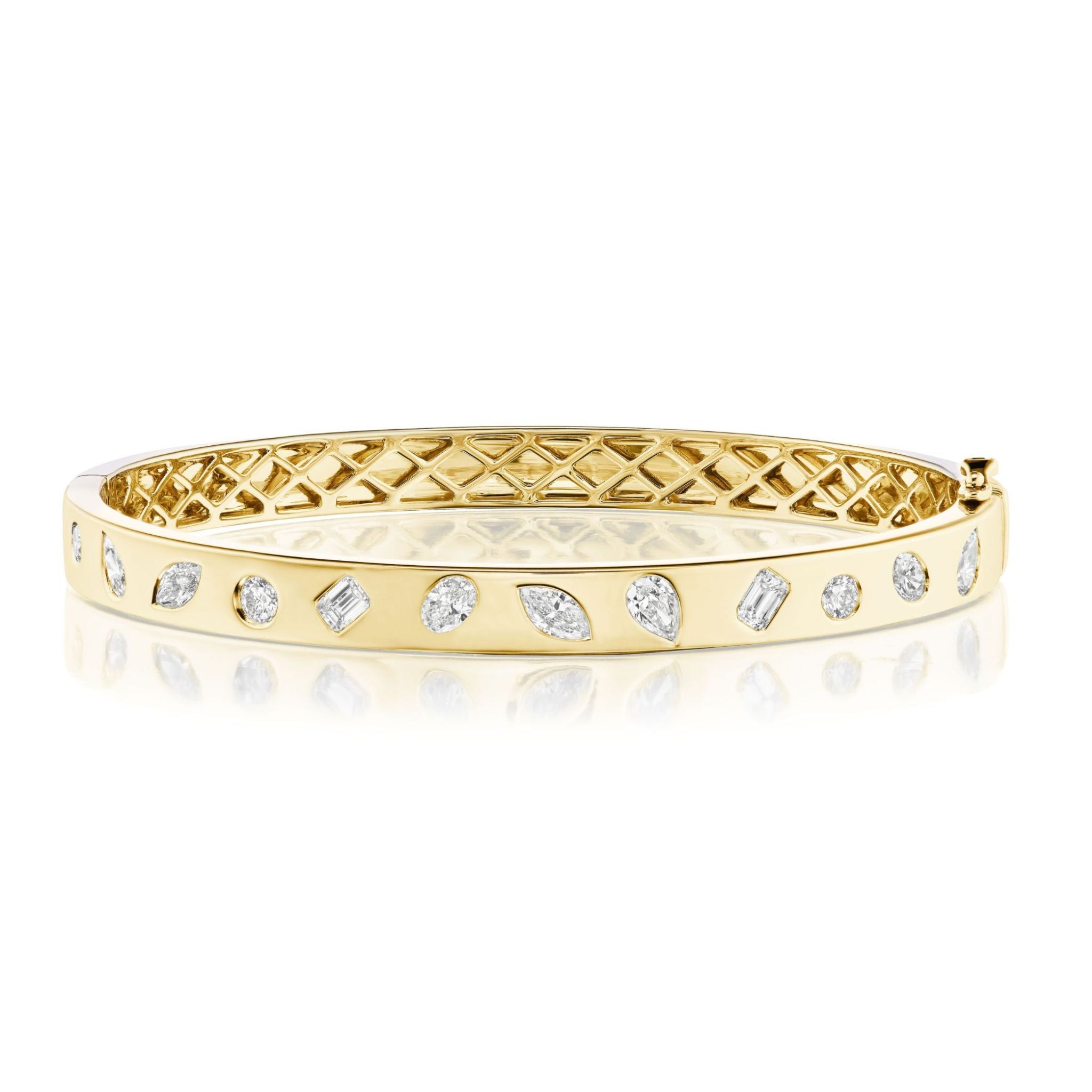 Showcasing the Burnish Set Mixed Shape Diamond Bangle, this exquisite 18K gold bracelet features a repeating pattern of round, marquise, and baguette-cut diamonds arranged in a stunning design and displayed against a white background.
