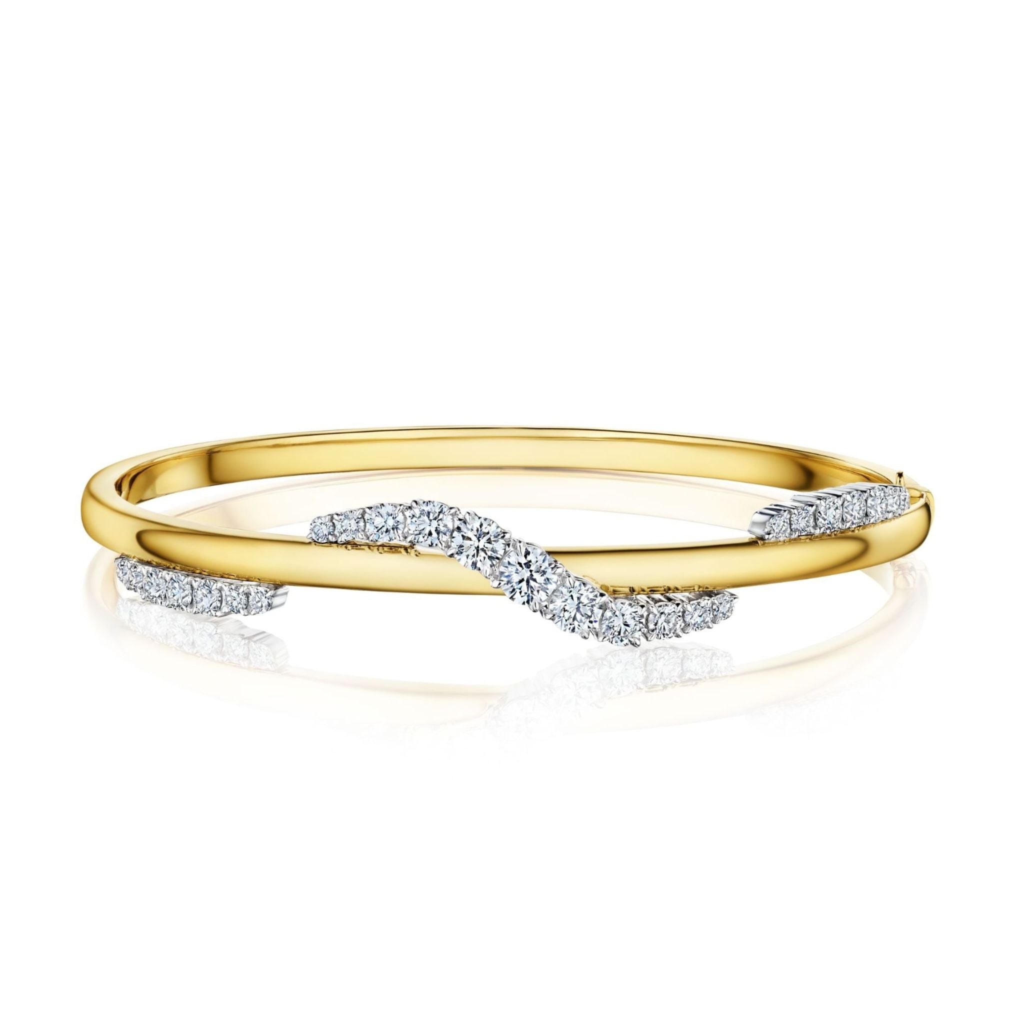 Introducing the Coil Wave Diamond Bangle in Yellow Gold and Platinum—a striking bangle bracelet crafted in radiant 18k yellow gold and platinum, showcasing a twisted wave-inspired design with a row of sparkling natural diamonds set along the front.