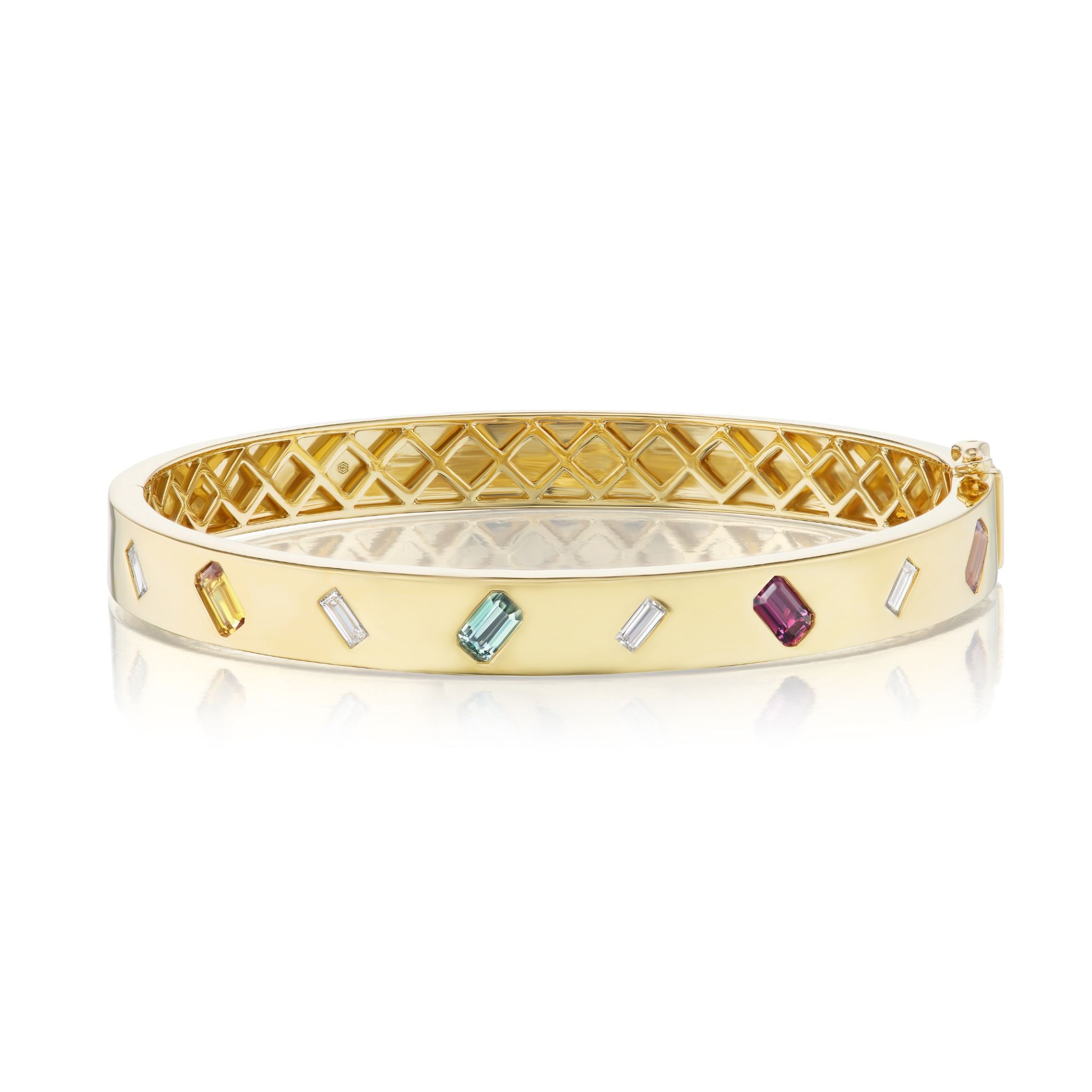 Introducing the Baguette Diamond and Dark Multicolor Emerald Cut Sapphire Bangle—a stunning gold bracelet with a lattice interior, adorned with rectangular, emerald cut sapphires in rich dark multicolor tones and sparkling baguette diamonds set around its exterior in radiant 18k yellow gold.