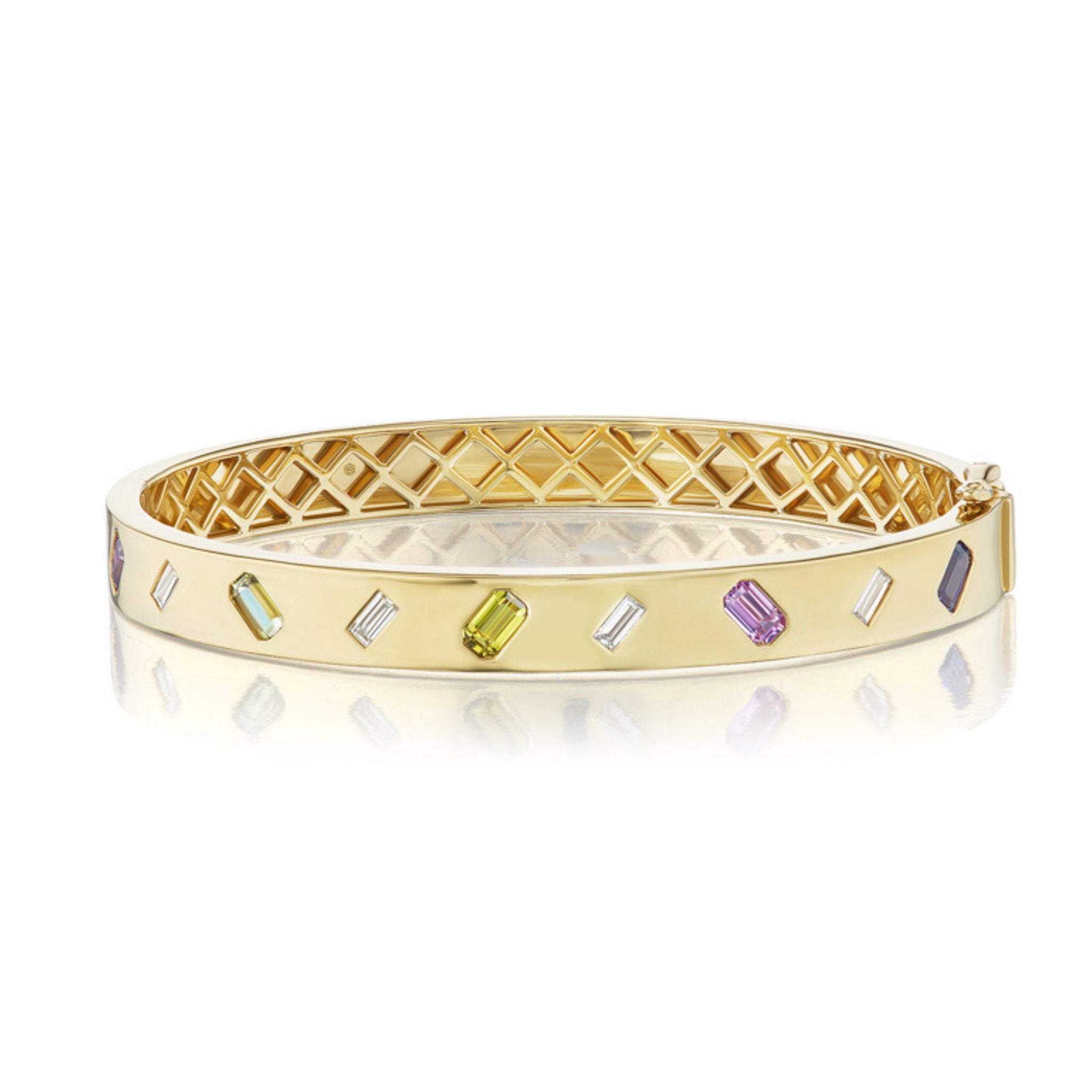 Introducing the Mixed Shape Diamond and Multicolor Sapphire Bangle: an elegant 18k yellow gold bangle featuring a refined lattice interior, adorned with rectangular green, purple, and clear multicolored sapphires alongside sparkling mixed shape diamonds—each stone beautifully spaced around the band.