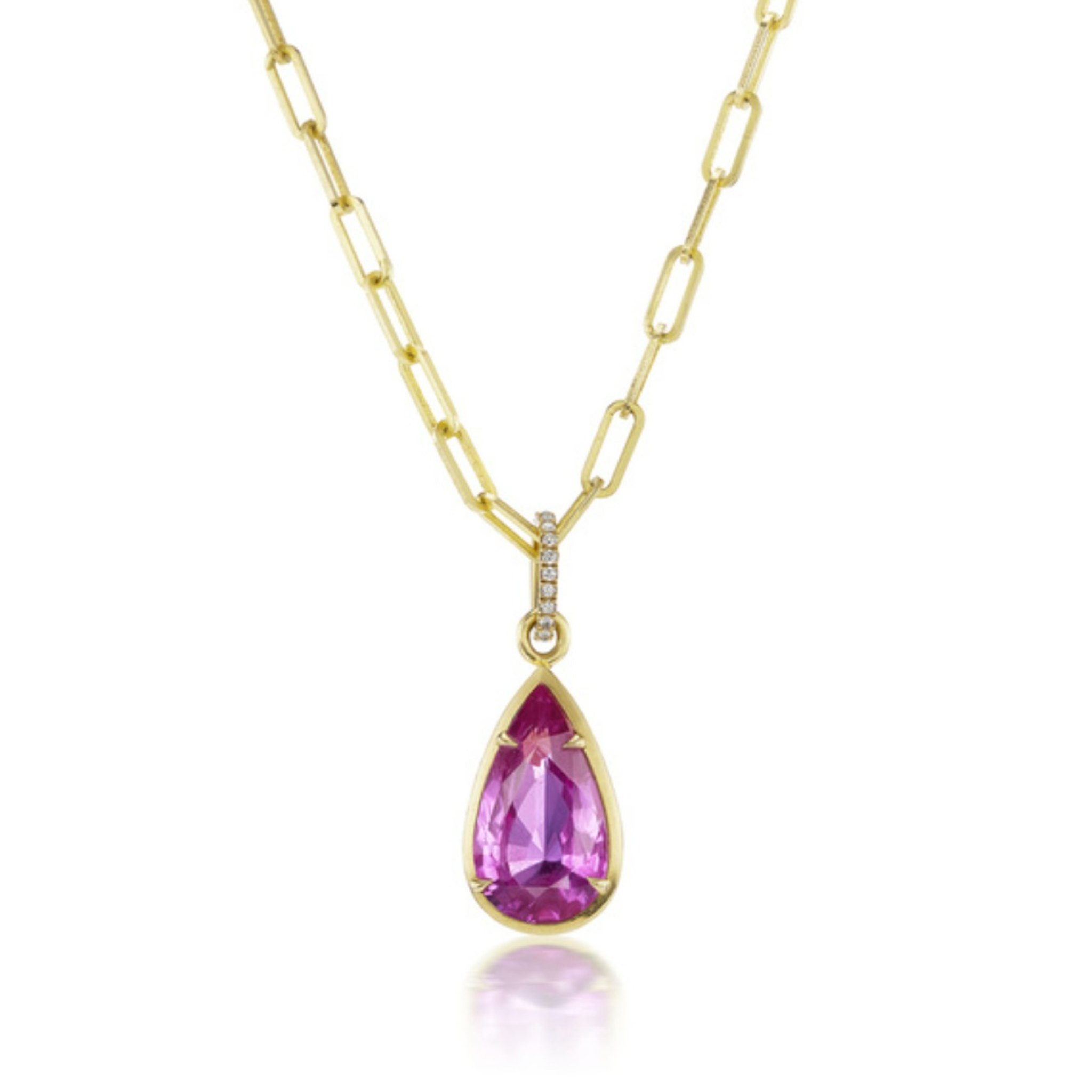 The Collet Set Pink Pear Sapphire Pendant features an 18K yellow gold teardrop-shaped pink sapphire with pavé diamonds on the bail, suspended from a gold chain necklace with elongated links.