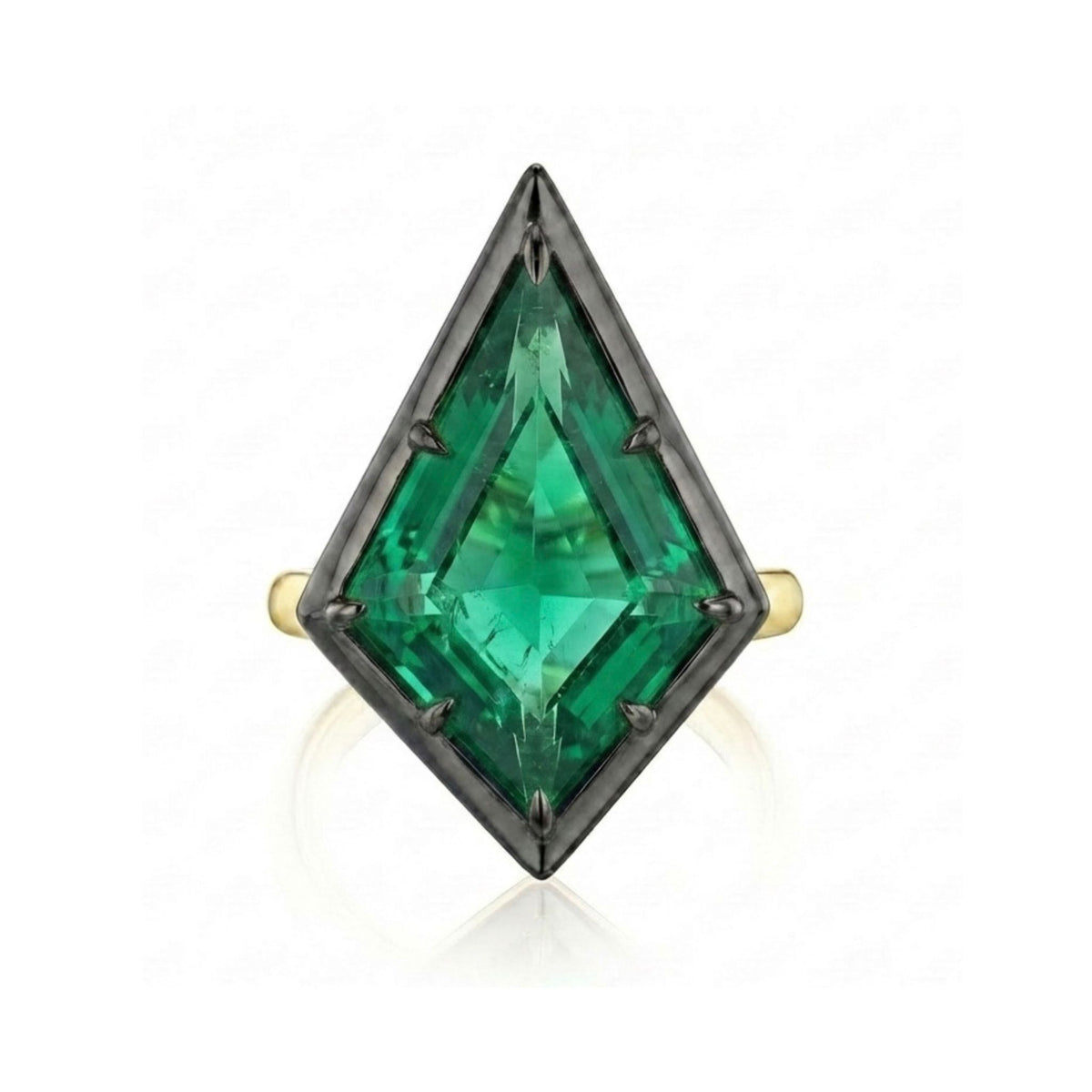 Collet Set Kite Shaped Emerald Ring in Black Rhodium and Yellow Gold
