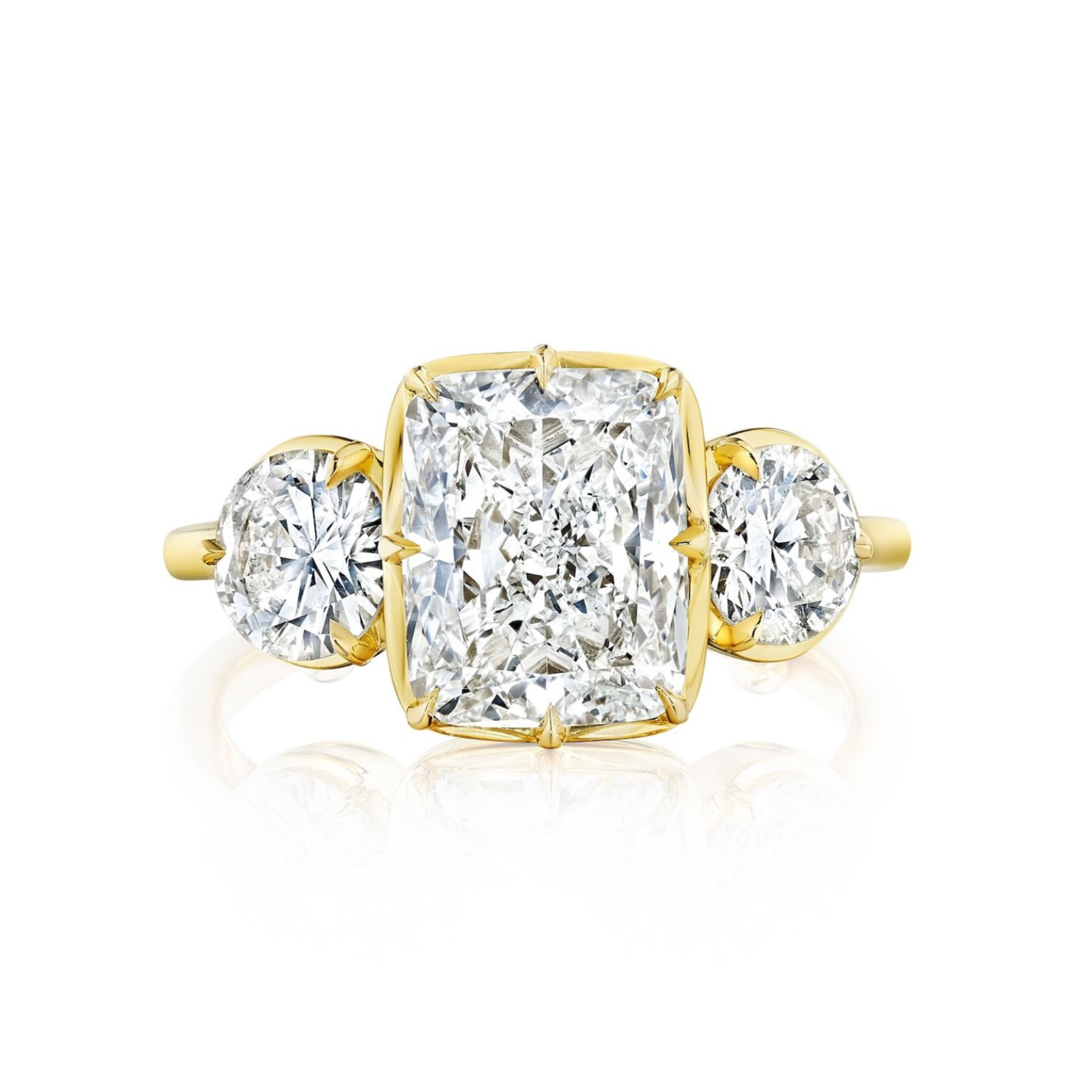 Collet Set Cushion Cut Diamond Engagment Ring with Round Side Stones in Yellow Gold
