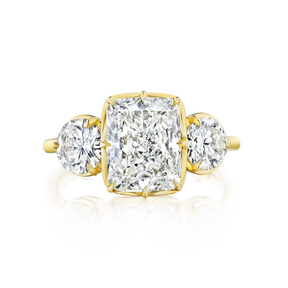 Collet Set Cushion Cut Diamond Engagment Ring with Round Side Stones in Yellow Gold