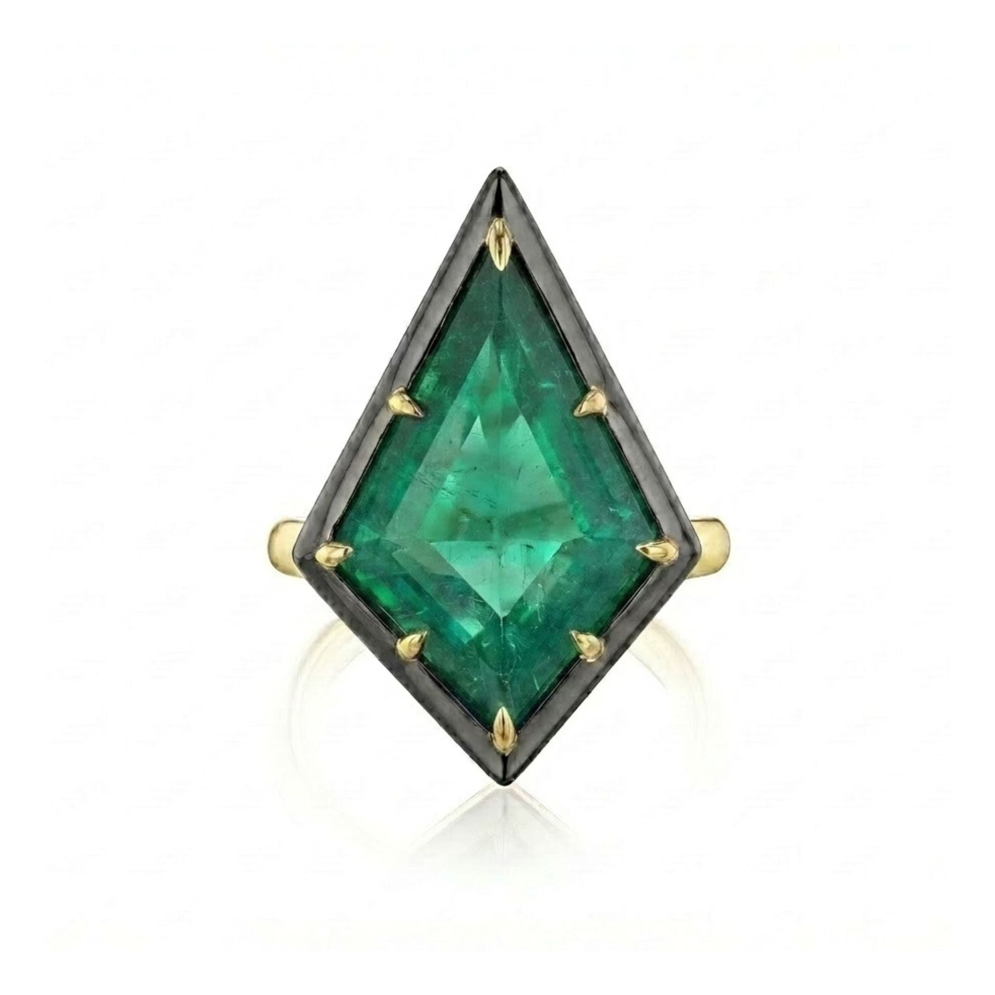 The Collet Set Kite Shaped Emerald Ring in Black Rhodium and Yellow Gold features a large kite-shaped emerald set in 18k yellow gold with a black rhodium bezel and gold prongs, shown on a white background.