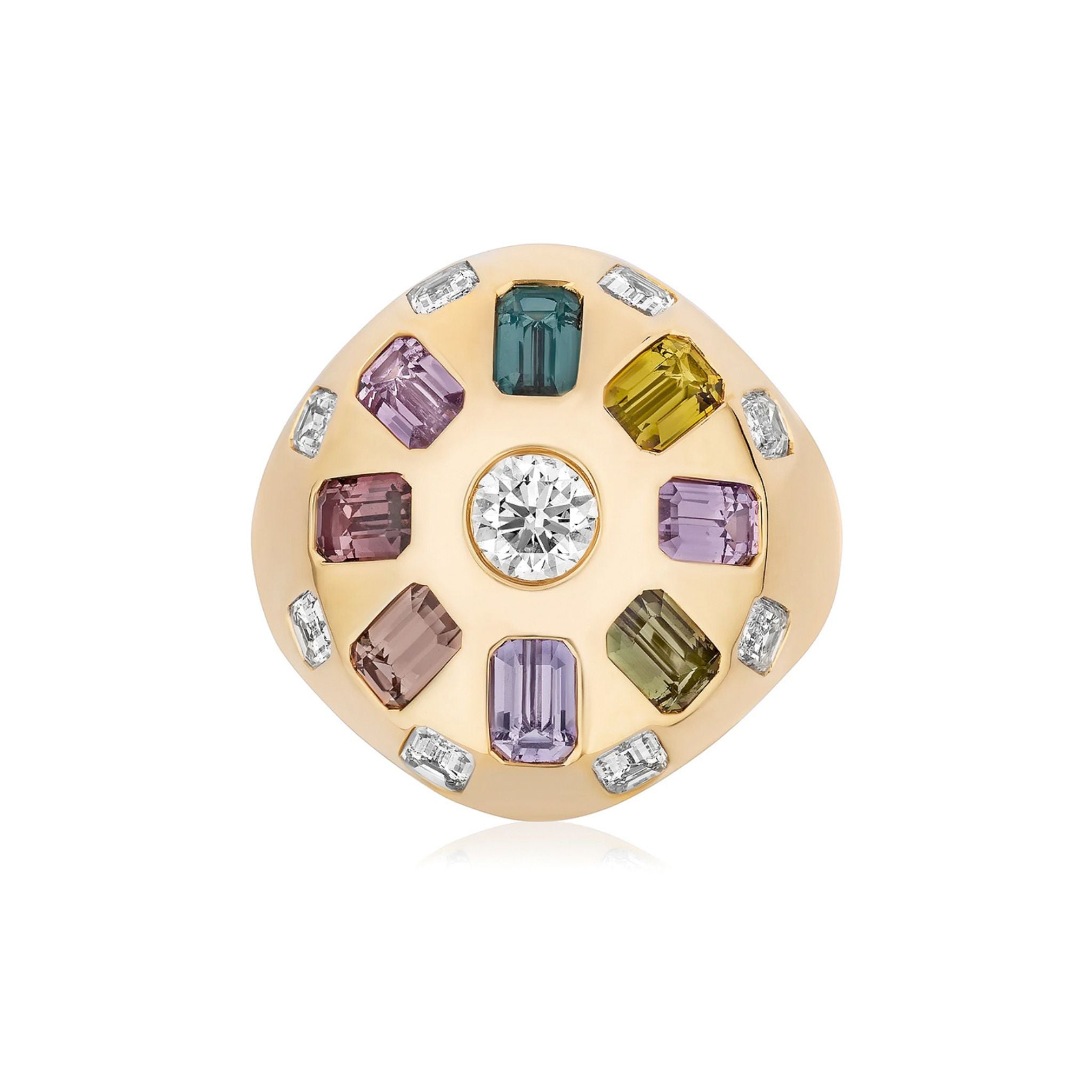 The Confetti Bombé Ring in 18K yellow gold features a central round diamond, vibrant rectangular gemstones, and small white diamonds in a circular pattern. Customizable stones make each ring unique and personal.