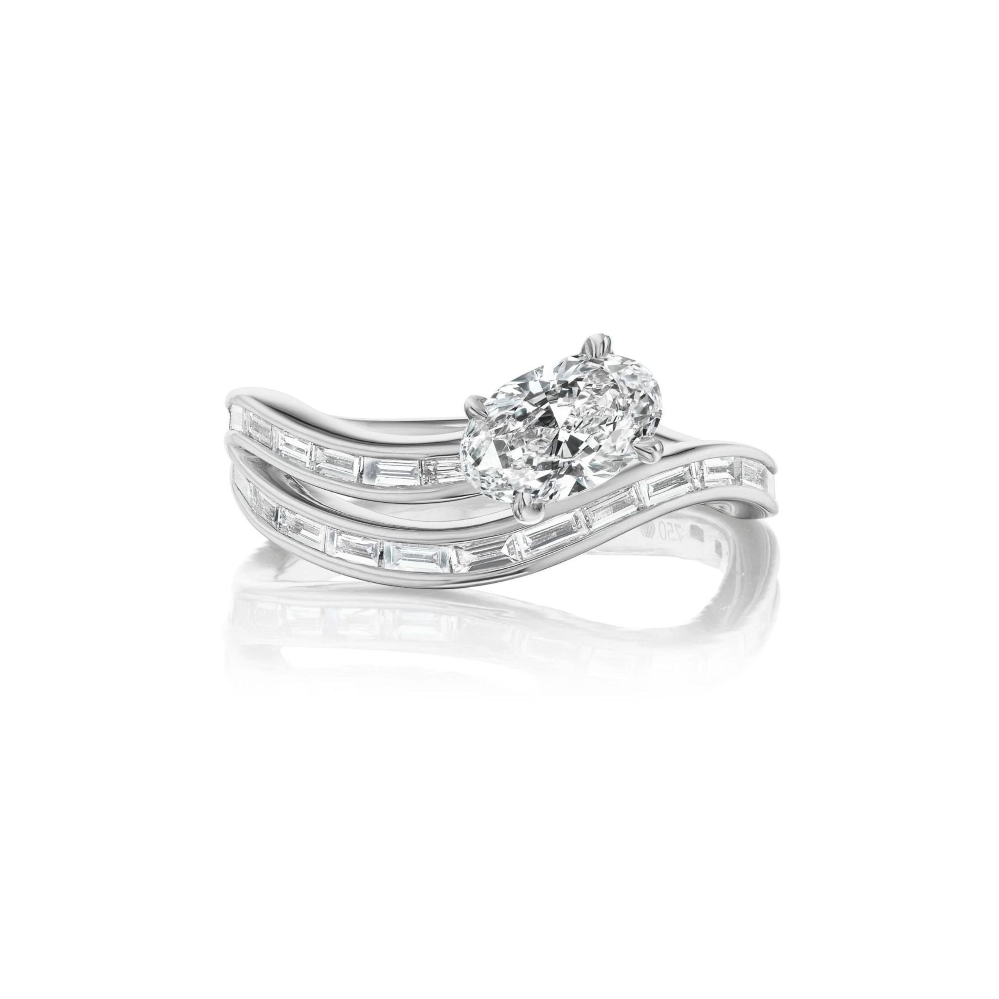 Snake Wave Channel Set Baguette Diamond Ring with Oval Diamond