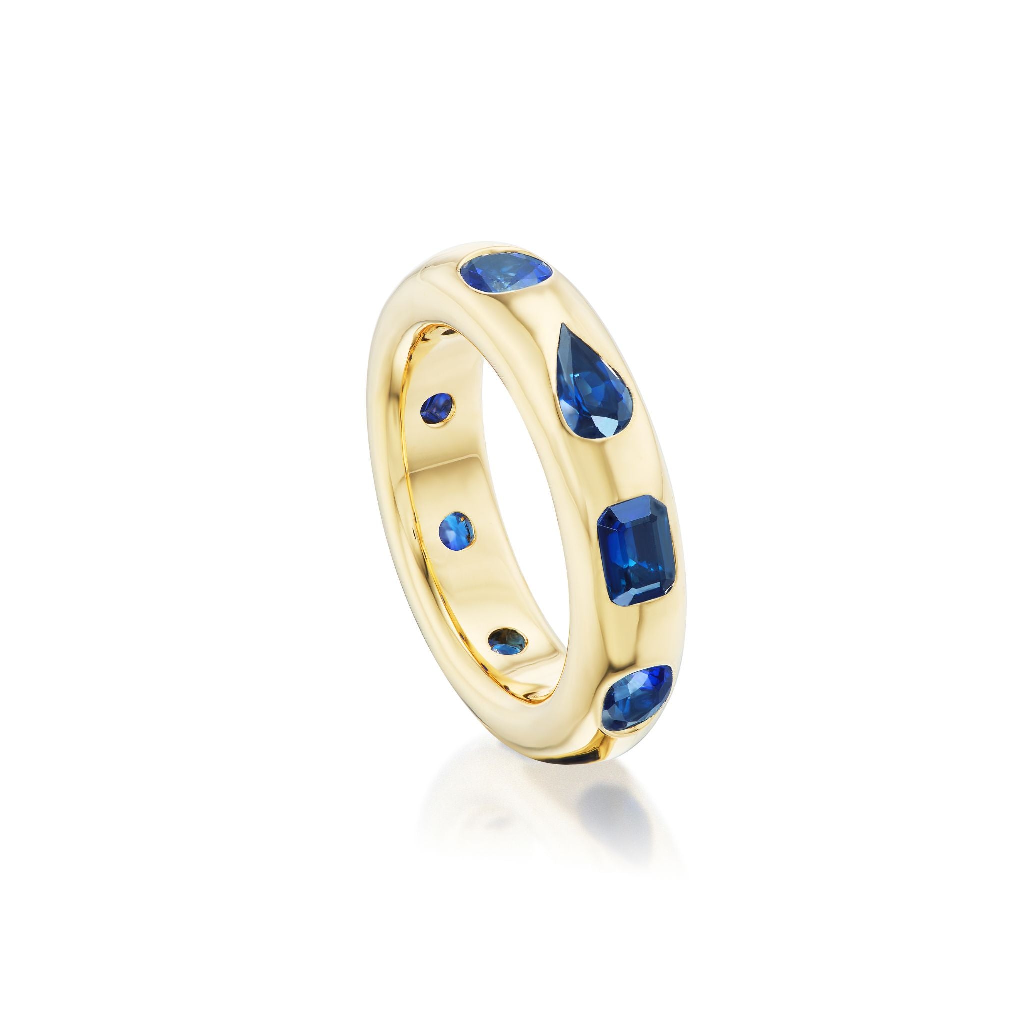 Wedding Band in Yellow Gold with Burnish Set Mixed Shape Sapphires