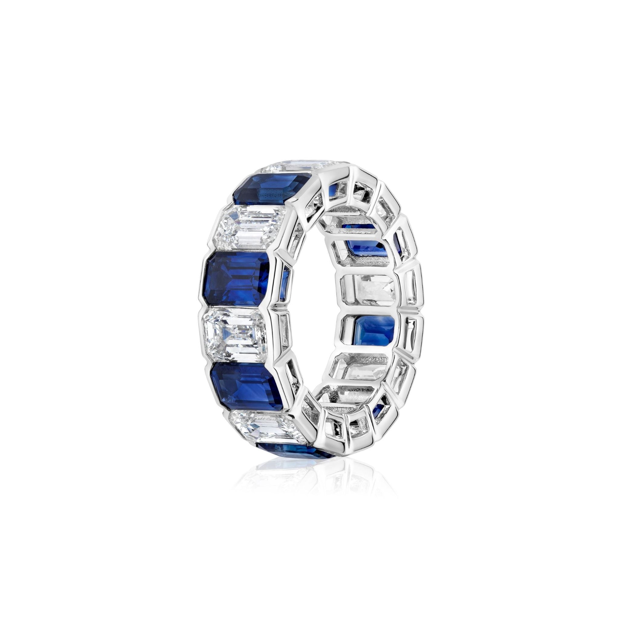Alternating Half-Bezel Emerald Cut Diamond and Sapphire Eternity Band