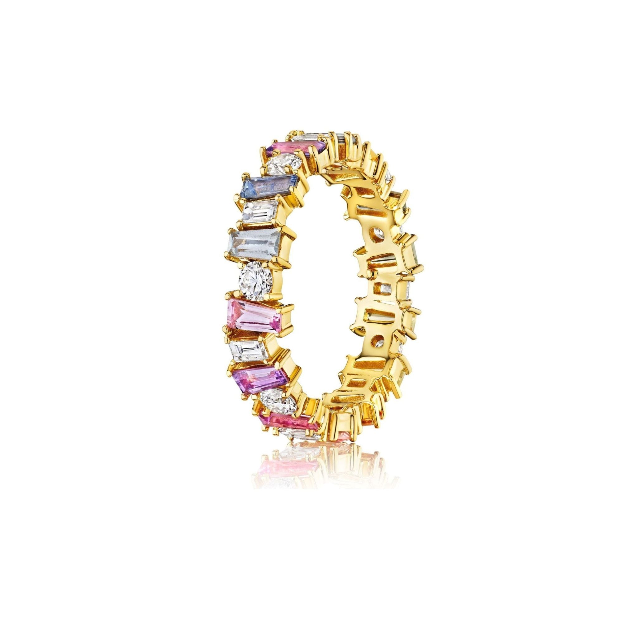 Multicolor Eternity Band in Yellow Gold with Tapered Baguette Sapphires and Round Diamonds