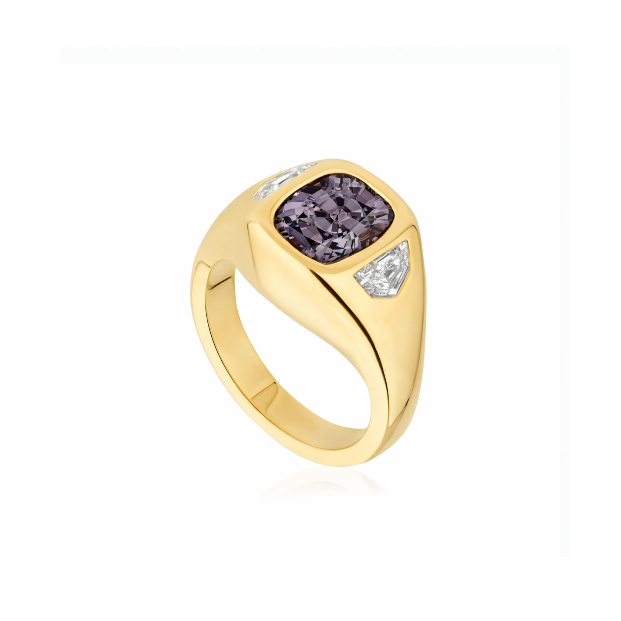 Cushion Cut Spinel and Diamond Epaulette Side Stone Gypsy Ring in Yellow Gold